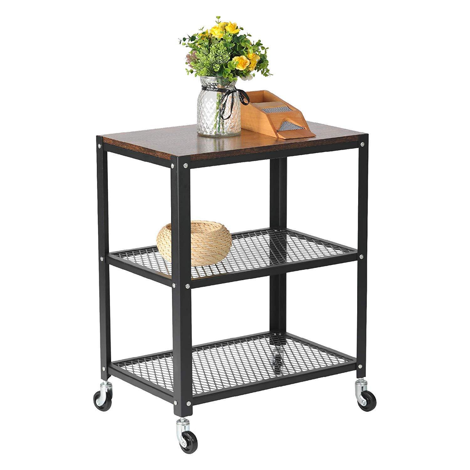 3-Tier Modern Style Storage Rack with Wheels - Steel Movable Storage Shelf and Display Rack in Black/Brown