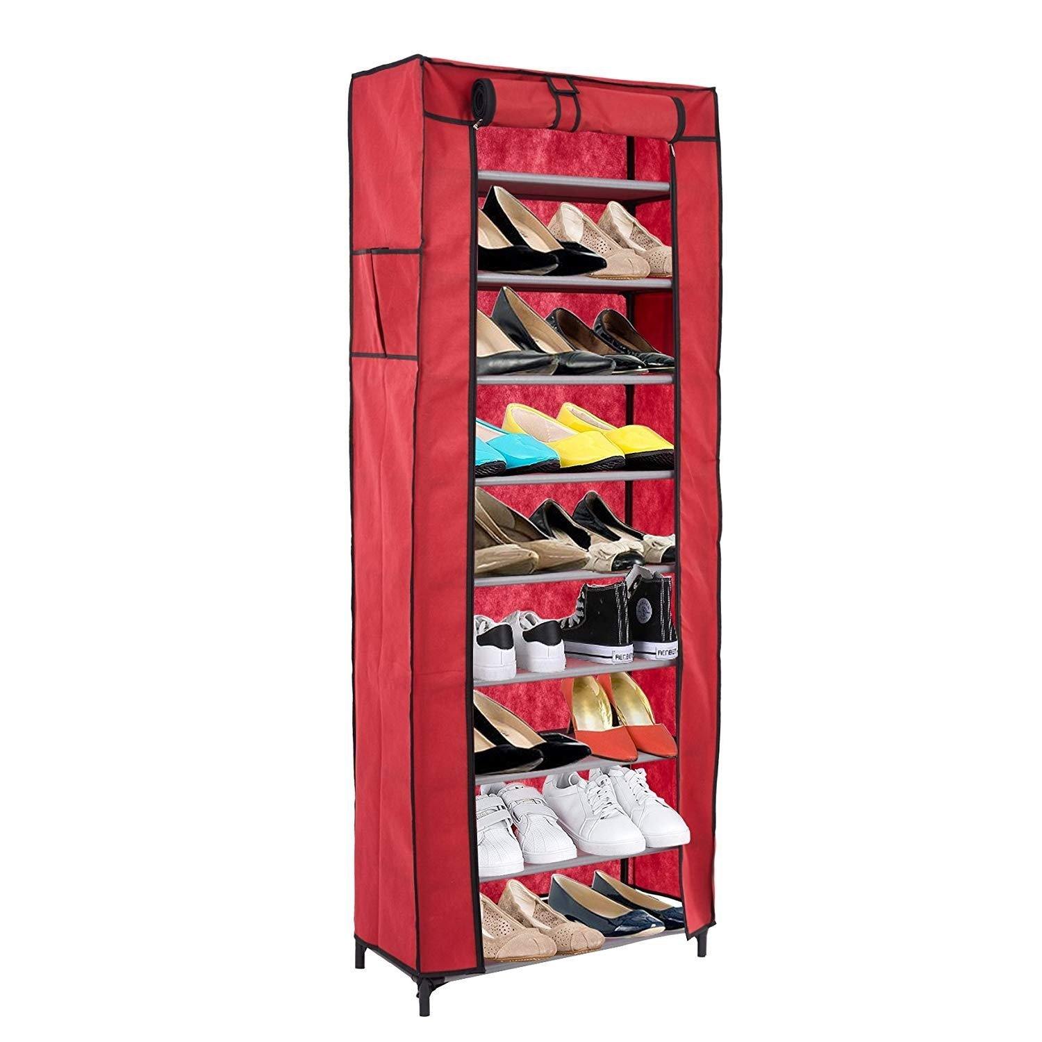 10 Tiers Shoe Rack with Dustproof Cover Shoes Storage Cabinet Boot Organizer Red