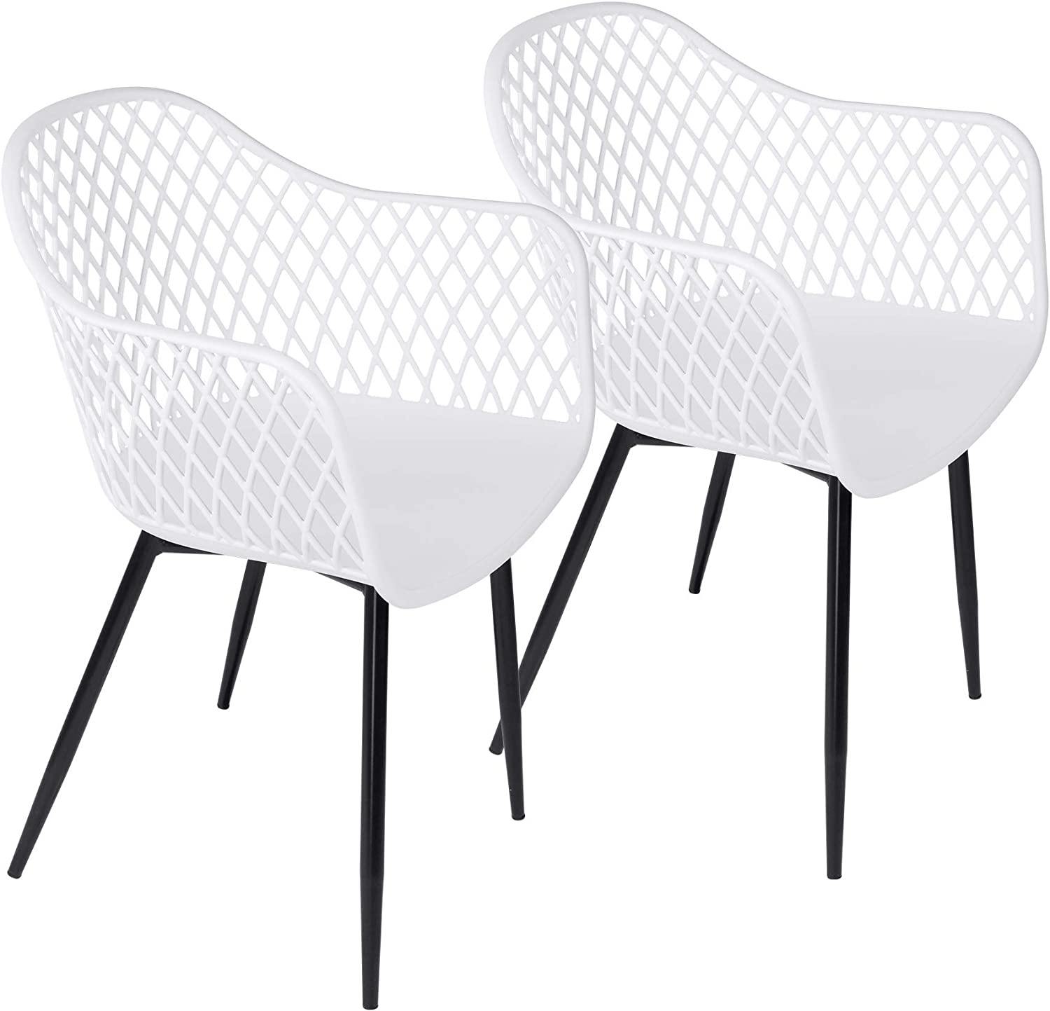 Dining Chair Set of 2 Mid Century Modern Molded Shell Plastic Chair Hollow Out Arm Chair with Iron Metal Leg