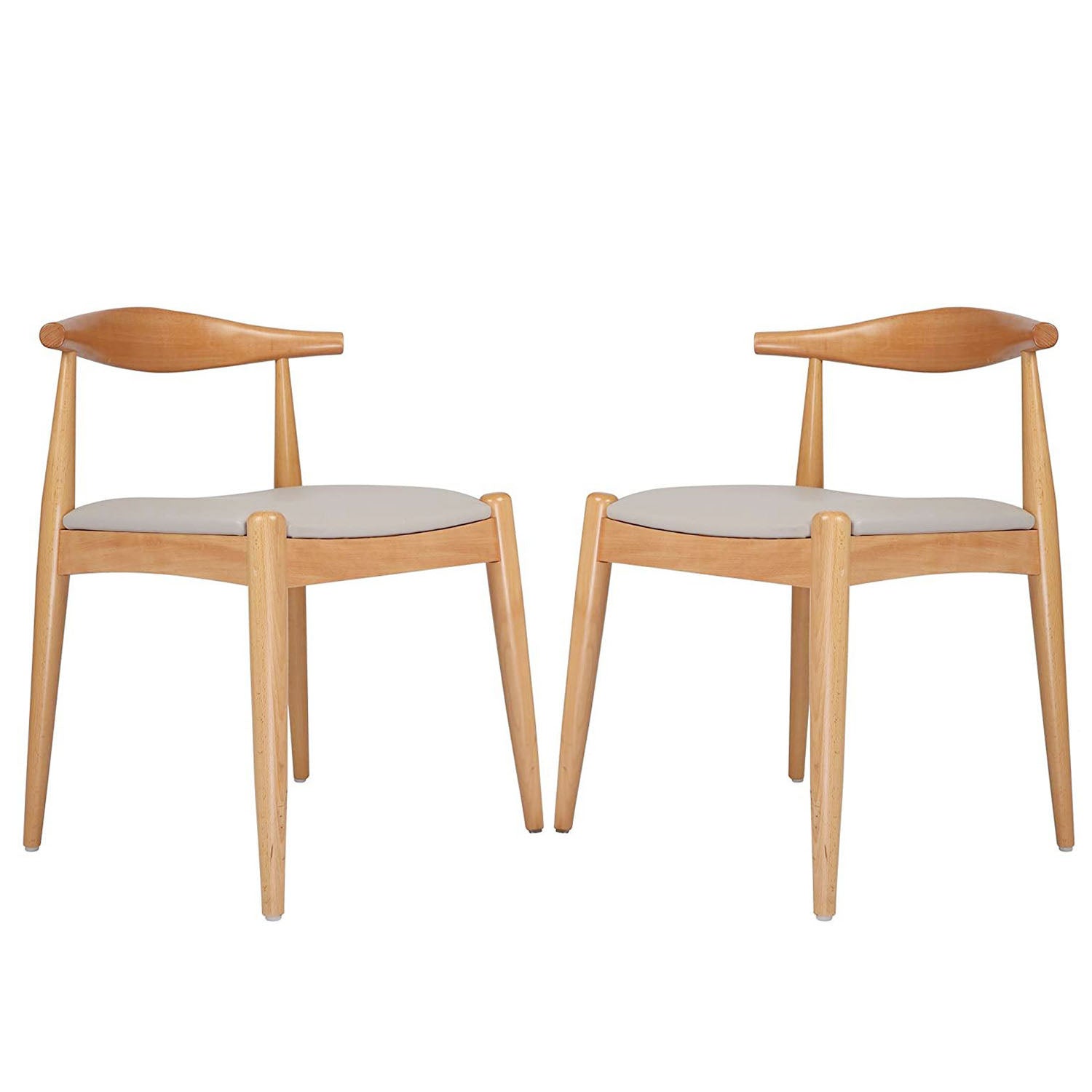 Mid Century Modern Dining Chairs, Set of 2 Wooden Low-Back Armchair with Faux Leather Cushion (Natural)