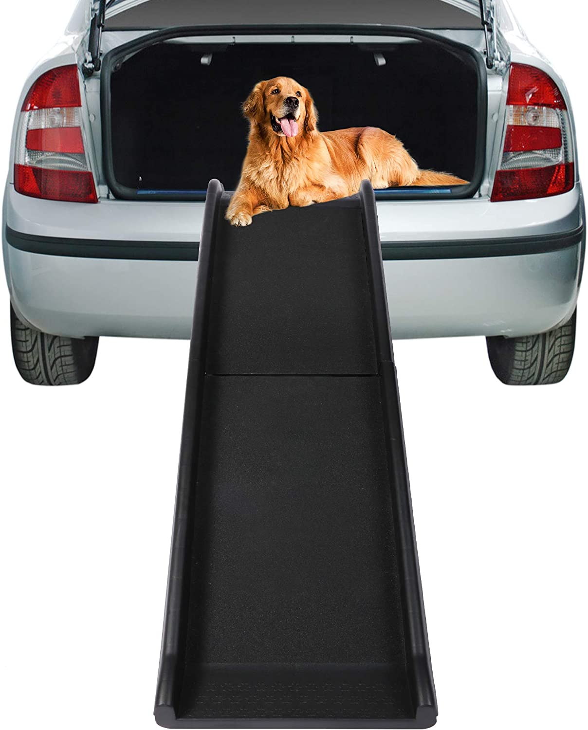 Portable Plastic Dog Car Ramp w/ 2pcs Non-slip Tread, 60"L x 16" W Folding Travel Pet Safety Ramp