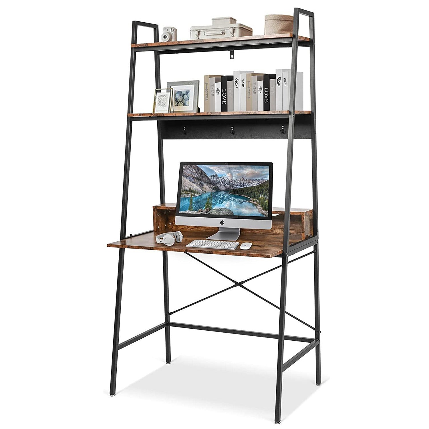 Computer Desk with Bookshelves 35.8" Office Desk Study Writing Gaming Table with Storage Shelf and 3 Hooks, Rustic Brown