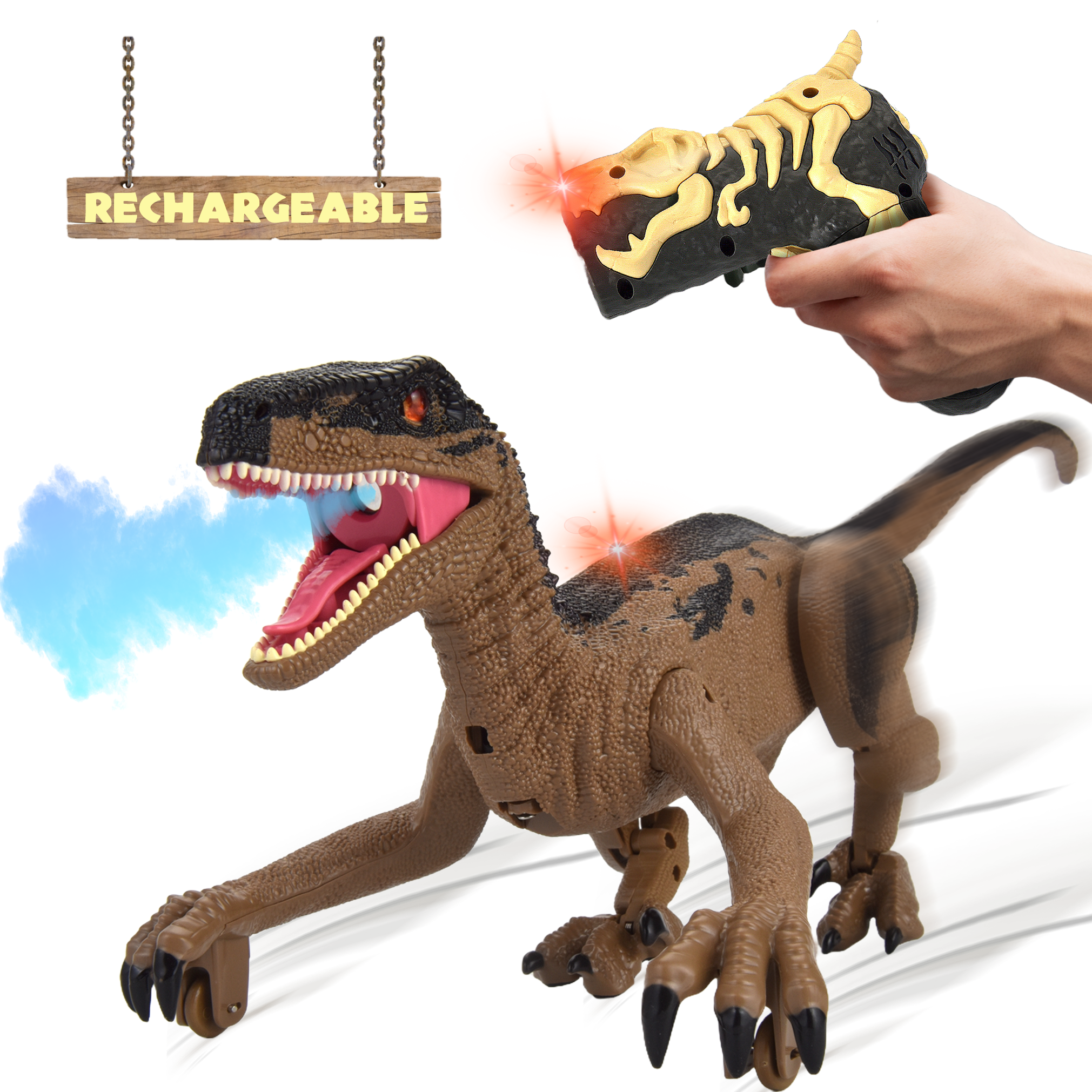R/C Dino Velociraptor Walking Dinosaur w/Light & Sounds Yellow