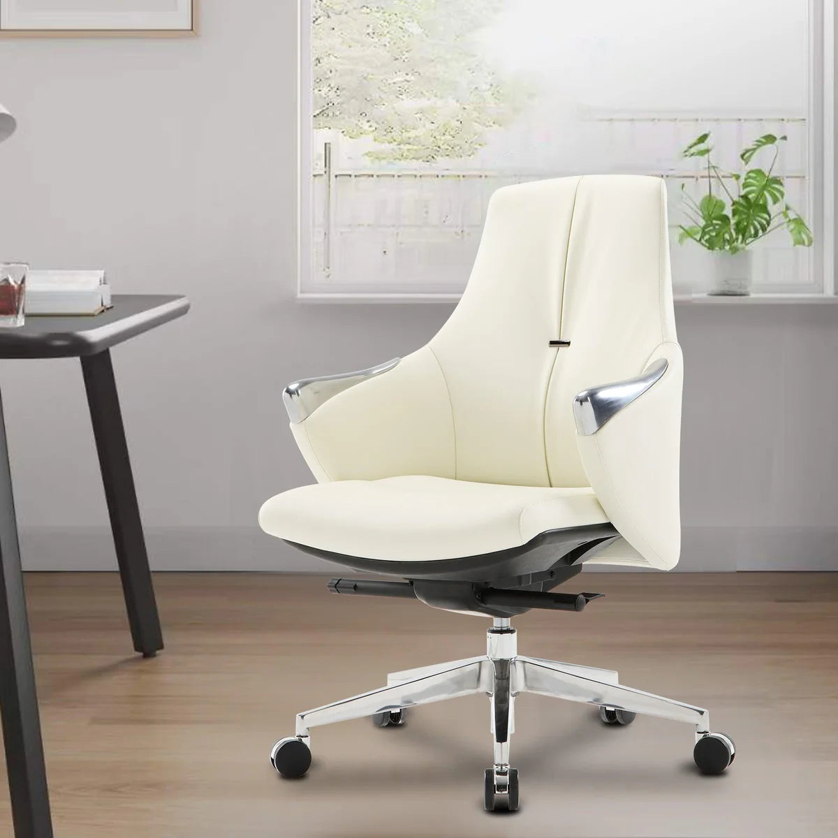 Low Back Executive Chair, Ergonomic Leather Office Chair with Adjustable Height and Tilt Function and 360° Swivel Office Chair,White