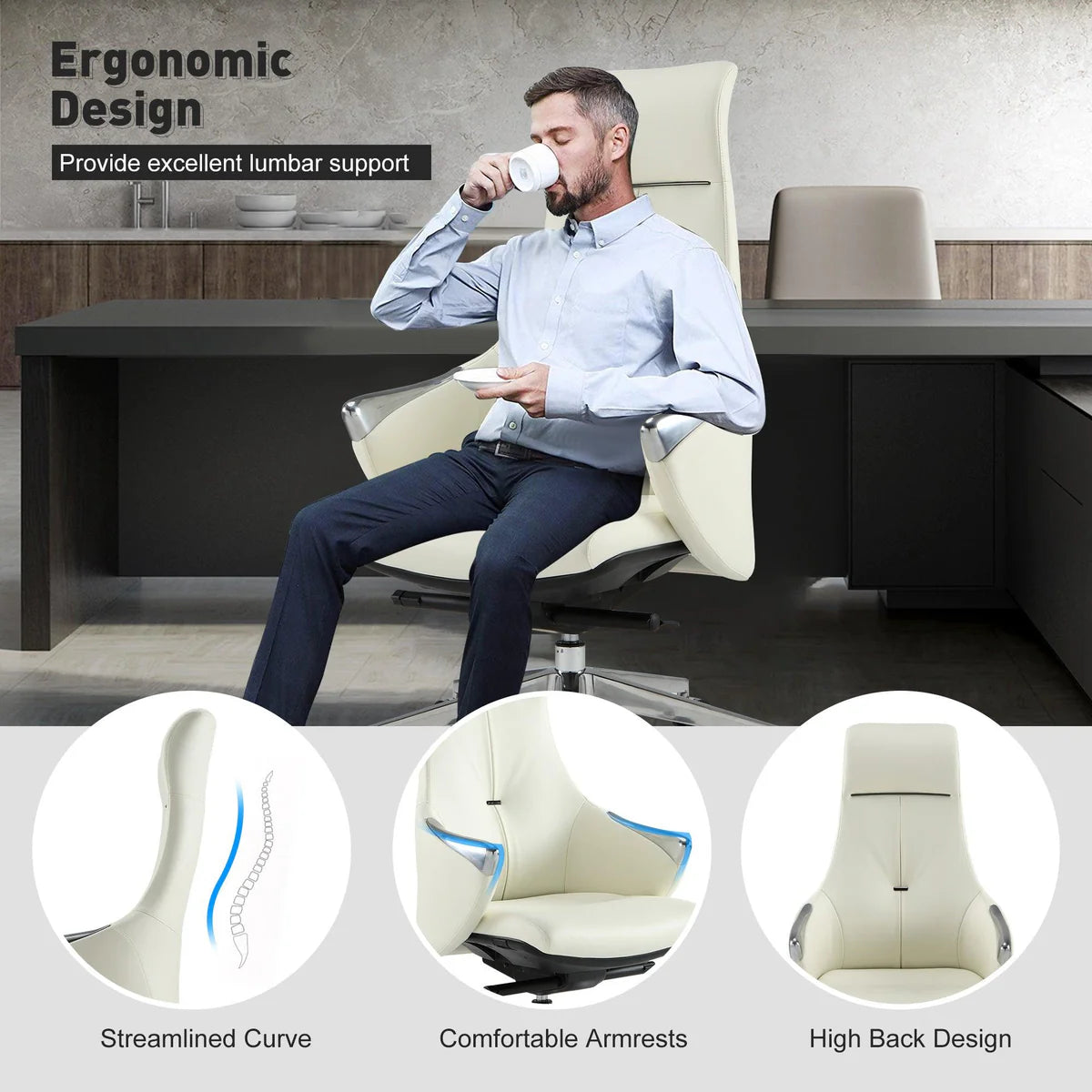 High Back Executive Chair, Ergonomic Leather Office Chair with Adjustable Height and Tilt Function and 360° Swivel Office Chair,White