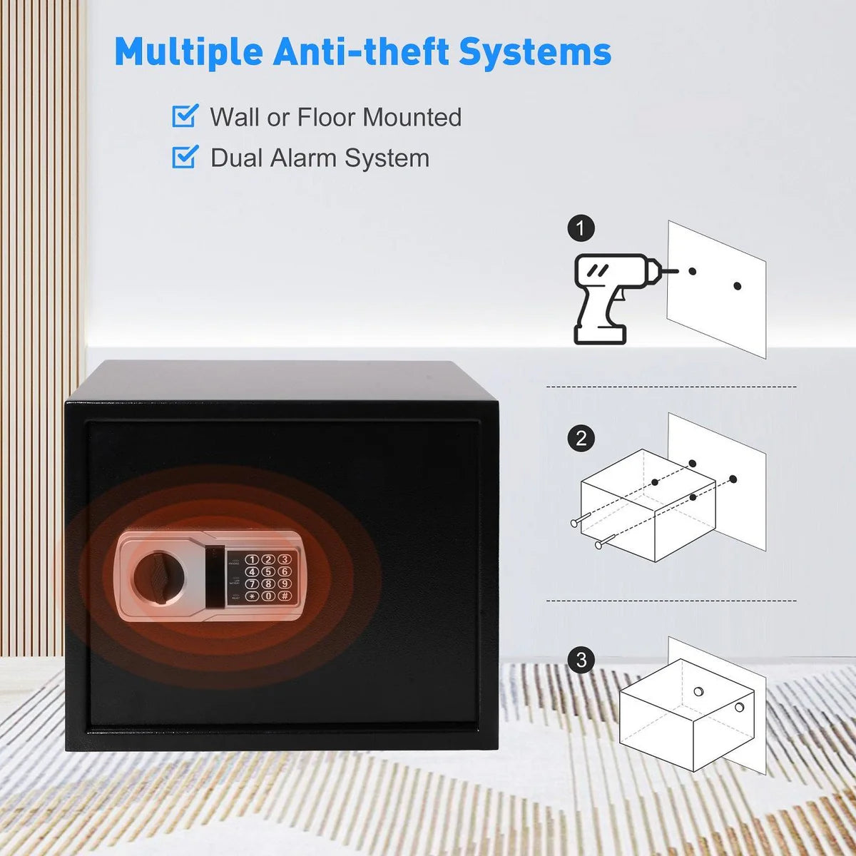 Safe Box with Double Warning Alarm key and Keypad Dual Use Security Lock, Fireproof Safe with LED Light for Storing Valuables, 13.8"x 17"x13"