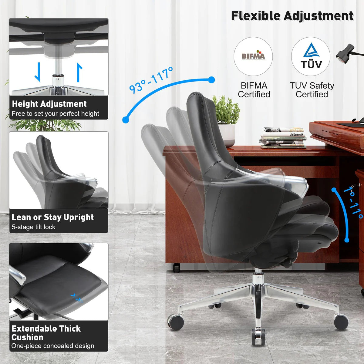 Executive Office Chair, Ergonomic Leather Chair with Adjustable Height and Tilt, 360° Swivel, Computer Desk Chair for Office Home, Black