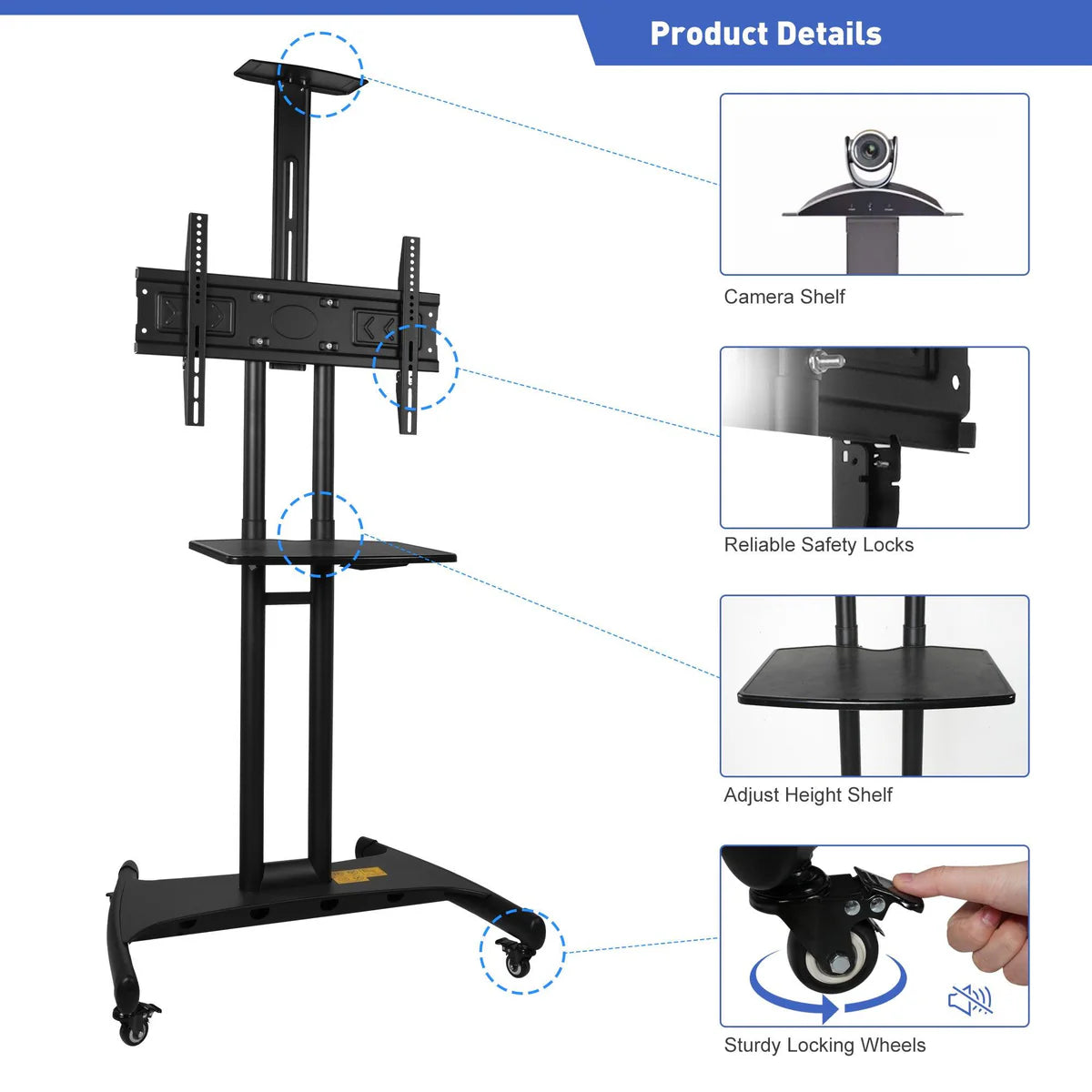 Portable Mobile TV Stand with Wheels for 32-70 Inch Flat Screen TVs - Tall TV Cart, Supports Up to 100lbs, Max VESA 600x400mm