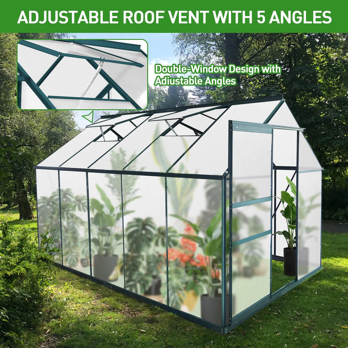 6'x 10' Walk-in Polycarbonate Greenhouse, Aluminum Heavy Duty Greenhouse Kit for Backyard Use in Winter