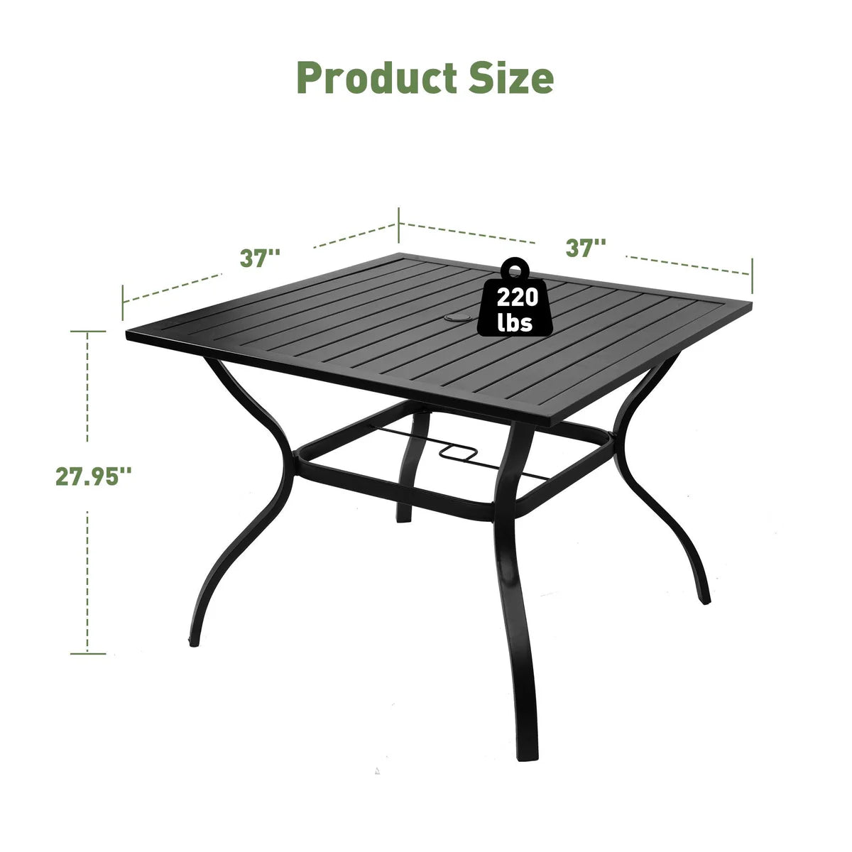 37" Patio Square Dining Table w/ 2.36" Umbrella Hole, Black