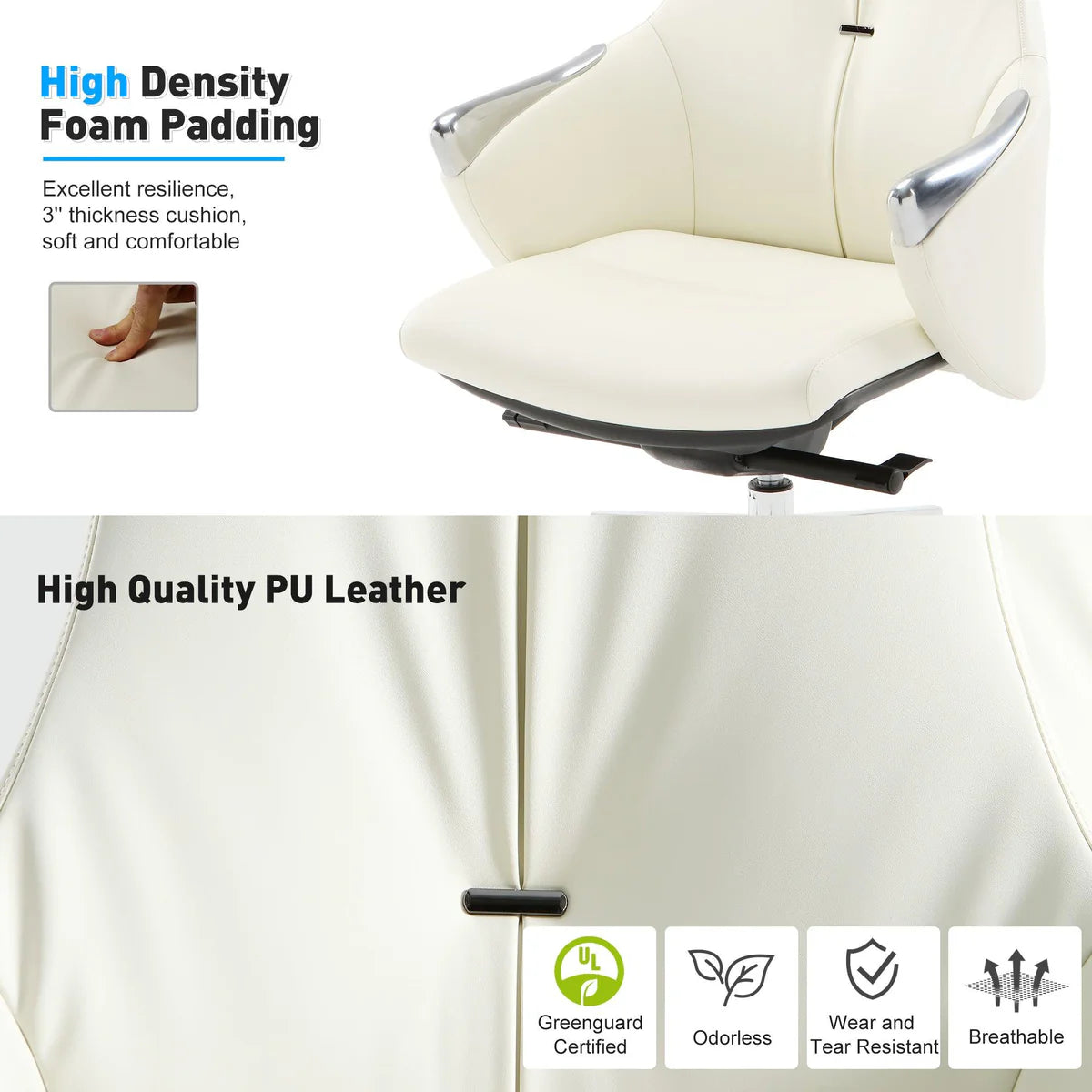 Low Back Executive Chair, Ergonomic Leather Office Chair with Adjustable Height and Tilt Function and 360° Swivel Office Chair,White