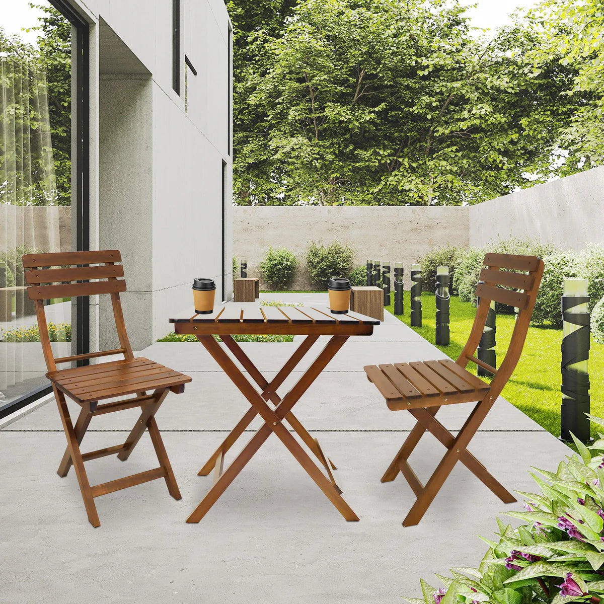 3-Piece Outdoor Wood Bistro Set, Patio Folding Furniture Set