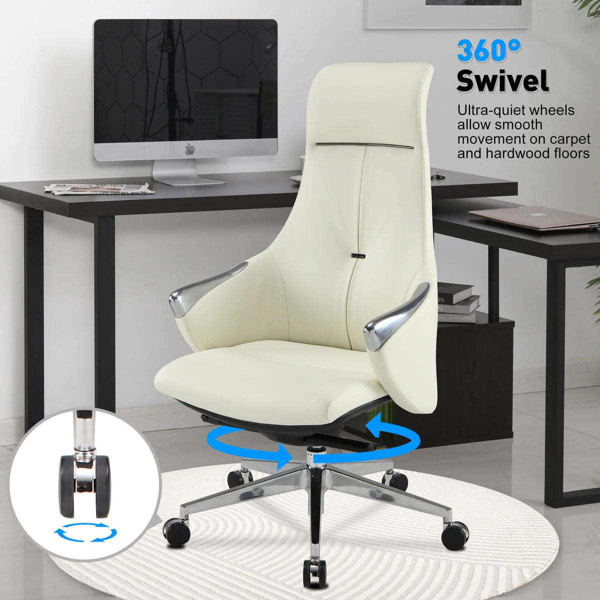 High Back Executive Chair, Ergonomic Leather Office Chair with Adjustable Height and Tilt Function and 360° Swivel Office Chair,White