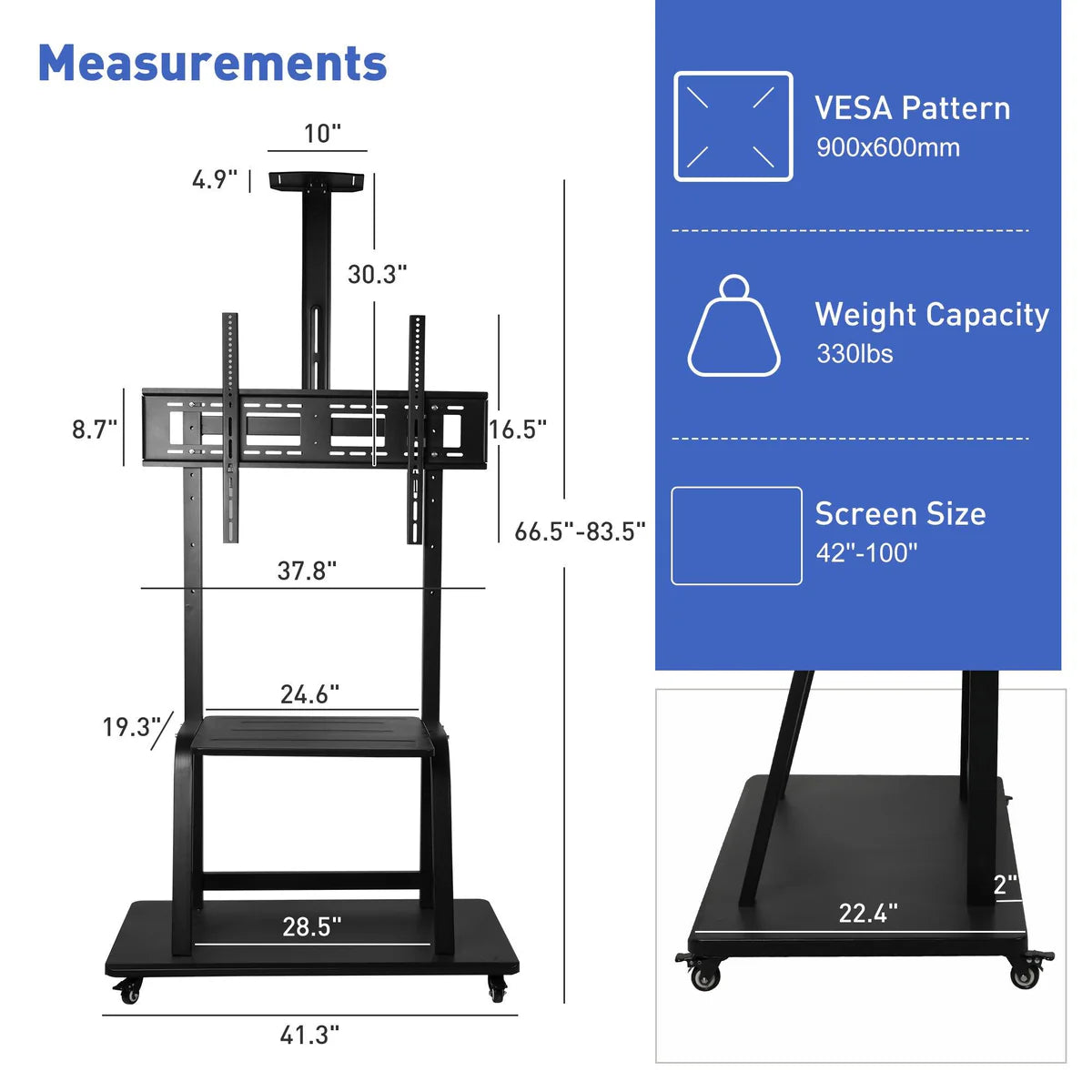 Mobile TV Stand with Wheels for 42-100 Inch Flat Screen TVs - Portable Tall TV Cart, Holds Up to 330lbs, Max VESA 900x600mm