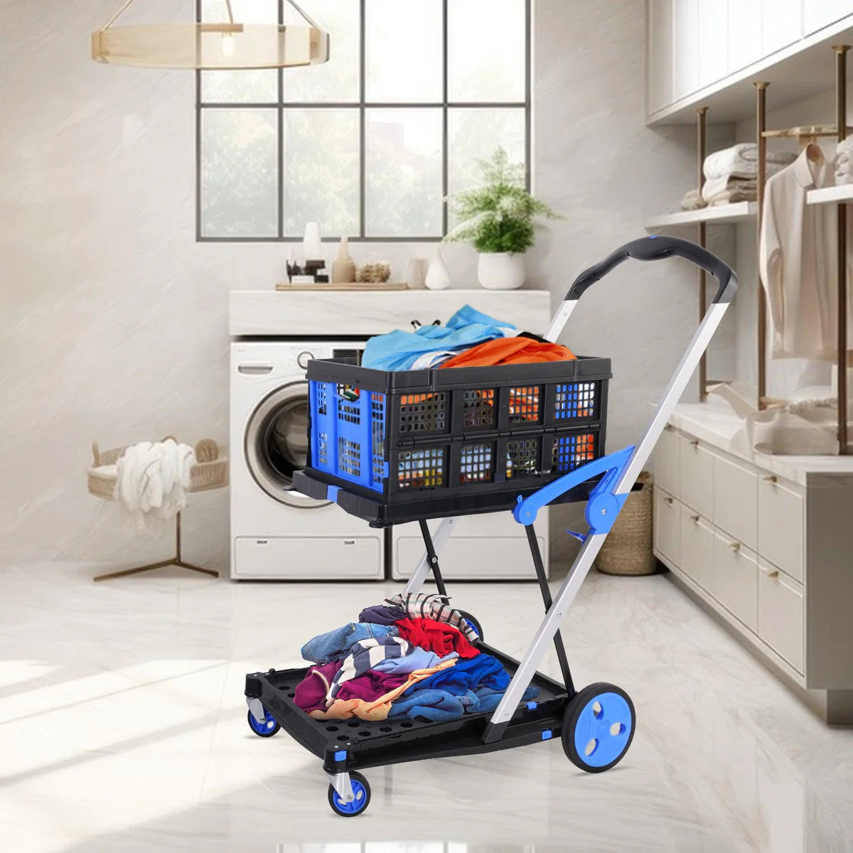 2-Tier Collapsible Cart with Crate Multi-Functional Foldable Trolley with Rolling Swivel Wheels