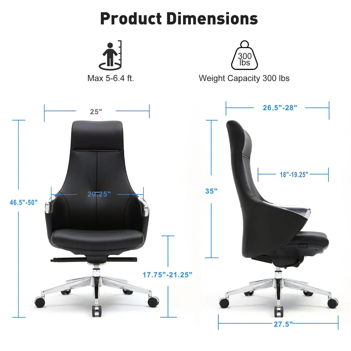 High Back Executive Chair, Ergonomic Leather Office Chair with Adjustable Height and Tilt Function and 360° Swivel Office Chair,Black