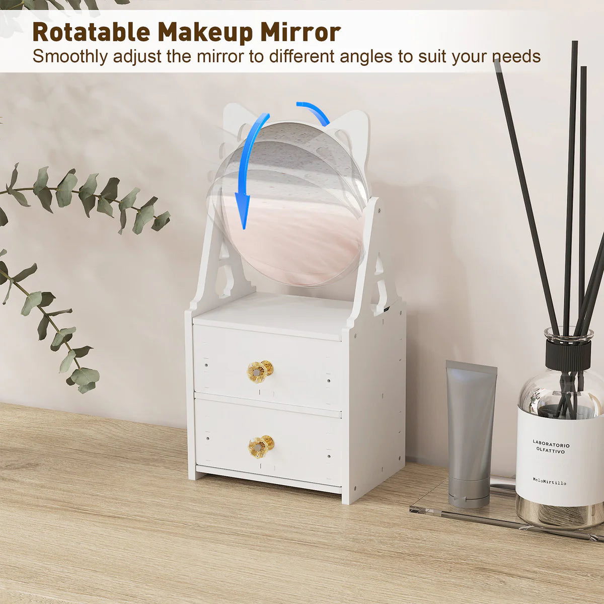 Cosmetics Storage for Vanity with Round Rotating Mirror, 2 Drawers Desktop Makeup Storage