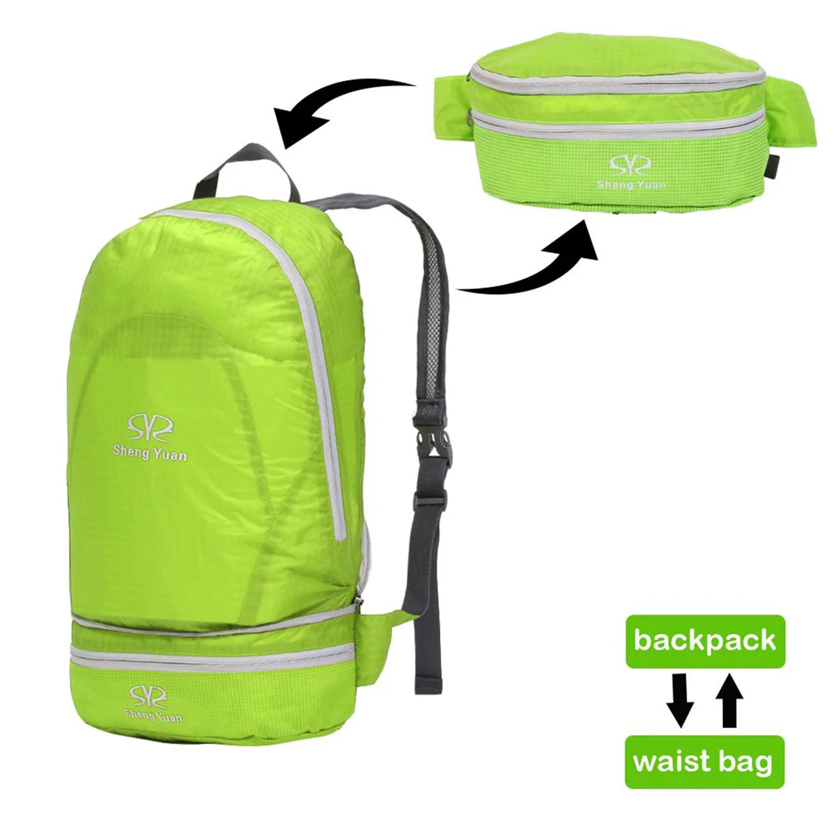 Foldable Hiking Backpack Lightweight Travel Outdoor Camping Daypack with a Waist Bag Pack, Green