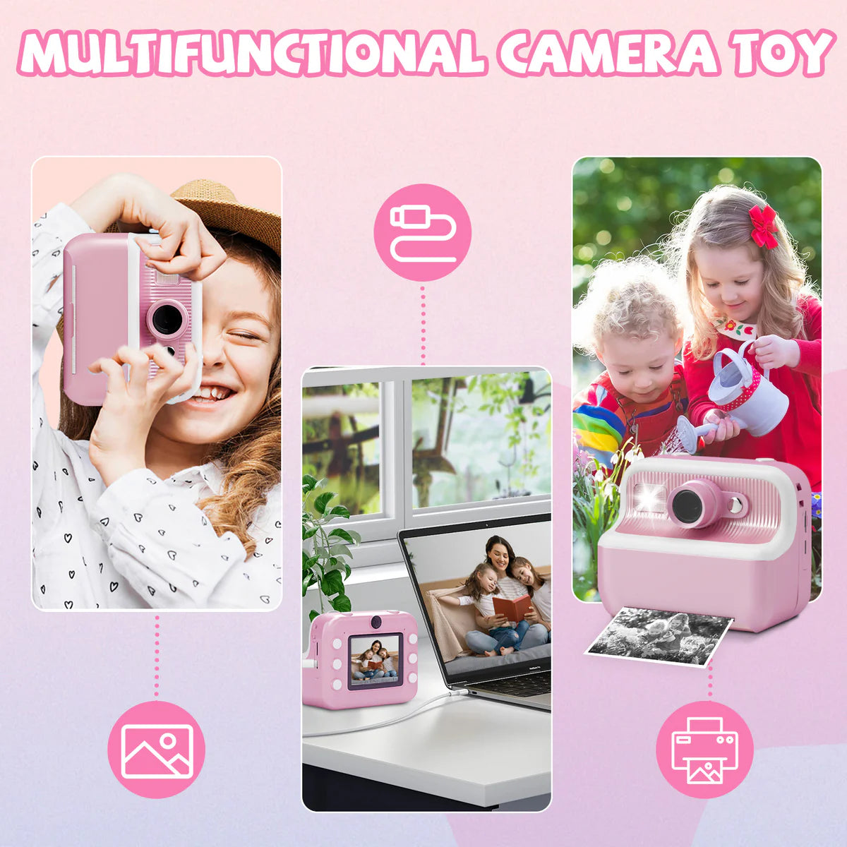 Instant Print Camera for Kids, Dual-Lens 48MP Digital Camera 2.4 Inch Screen with 3 Rolls Paper, Pink