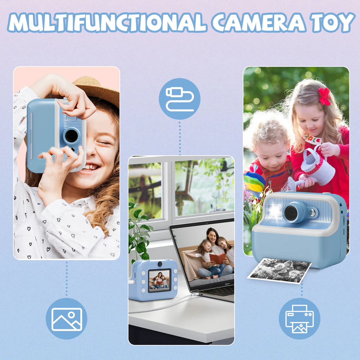 Instant Print Camera for Kids, Dual-Lens 48MP Digital Camera 2.4 Inch Screen with 3 Rolls Paper, Blue