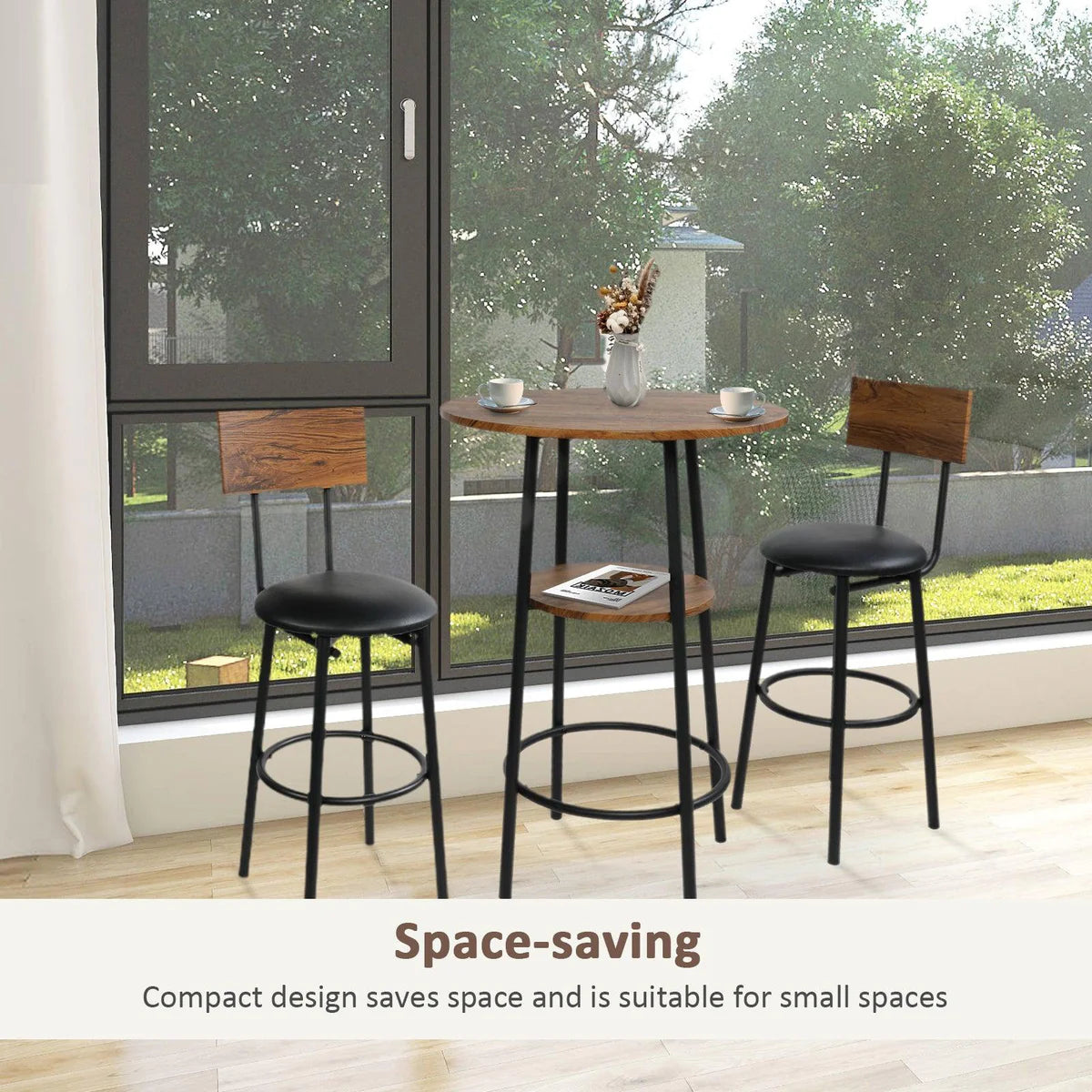 Round Bar Table and Chairs Set, 2-Tier Table and PU Upholstered Stools with Backrest