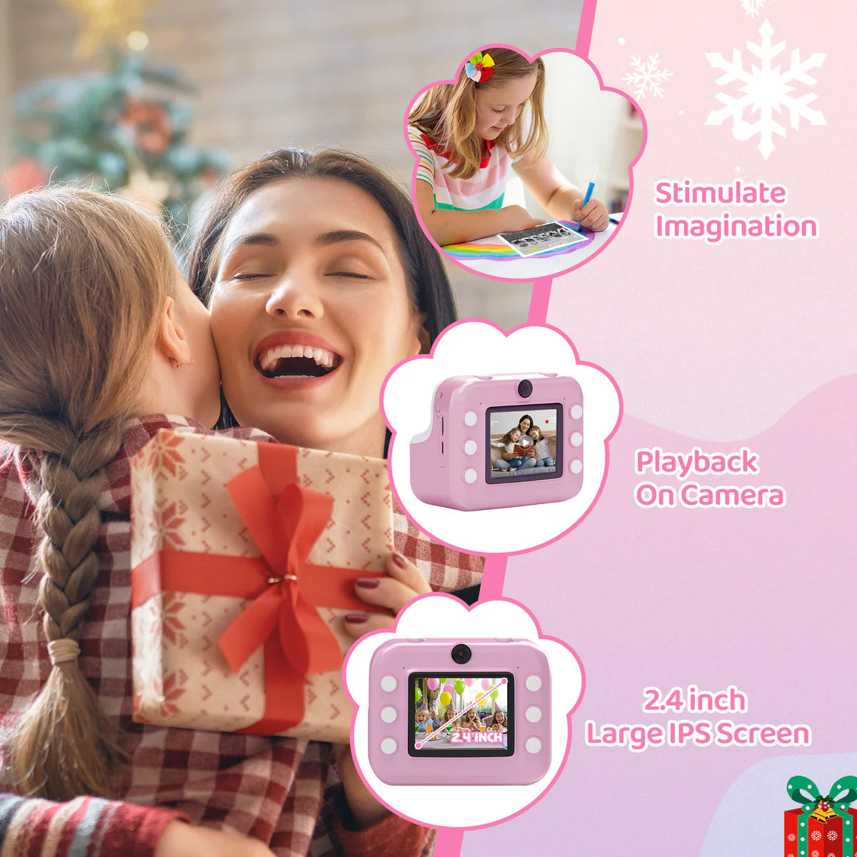 Instant Print Camera for Kids, Dual-Lens 48MP Digital Camera 2.4 Inch Screen with 3 Rolls Paper, Pink