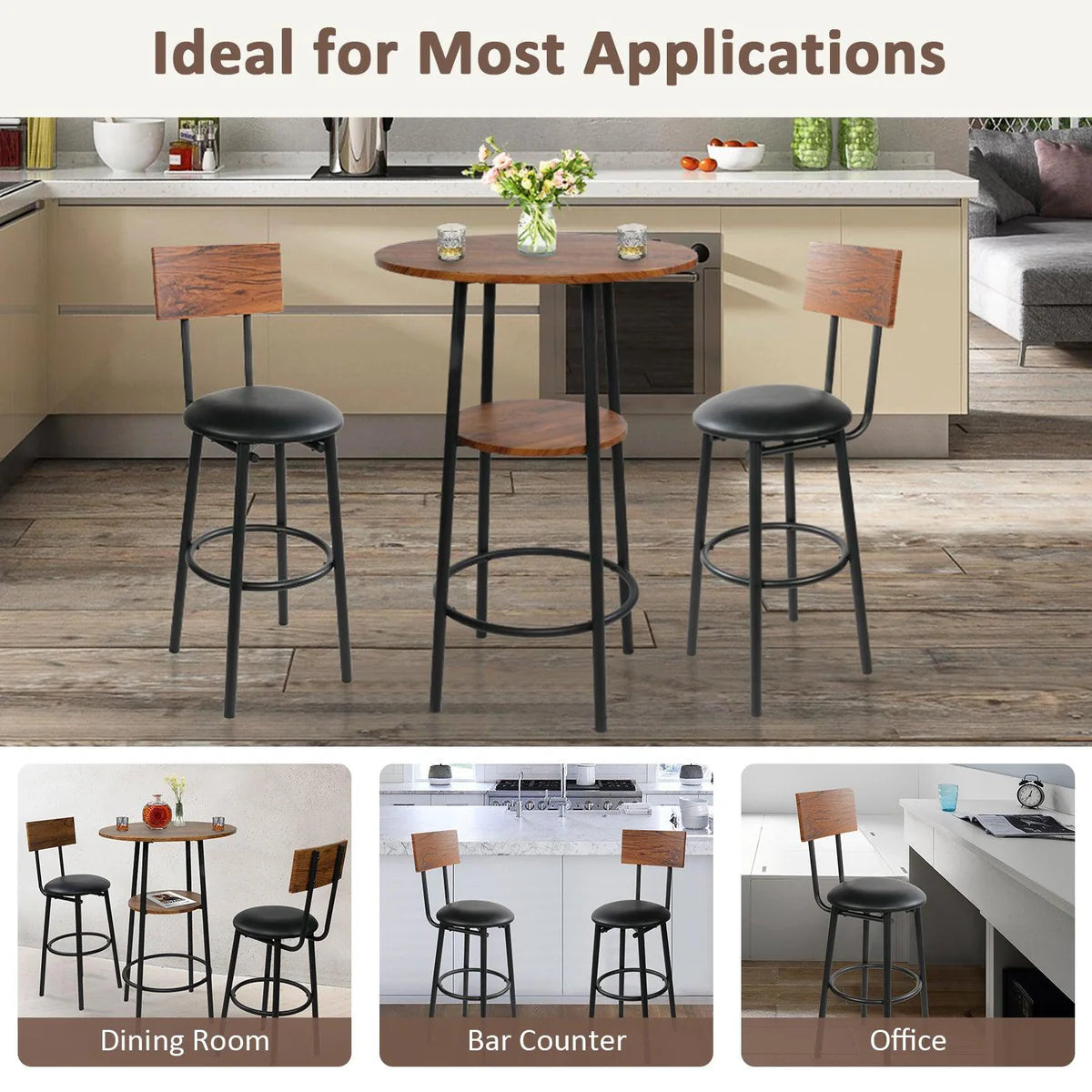 Round Bar Table and Chairs Set, 2-Tier Table and PU Upholstered Stools with Backrest