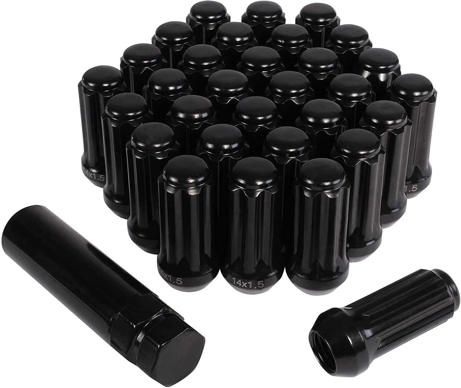 32 Black M14 x 1.5 Lug Nuts with 1 Socket Key, 2" Long/7 Spline with Cone Seat, Fits 8 Lug Aftermarket Wheels