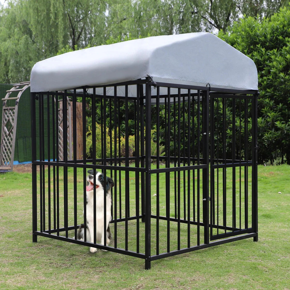 4.9'x4.9'x5.9' Outdoor Medium Wrought Iron Kennel Enclosure, Playpen Pet Kennel with Waterproof UV Resistant Cover and Security Lock, Black