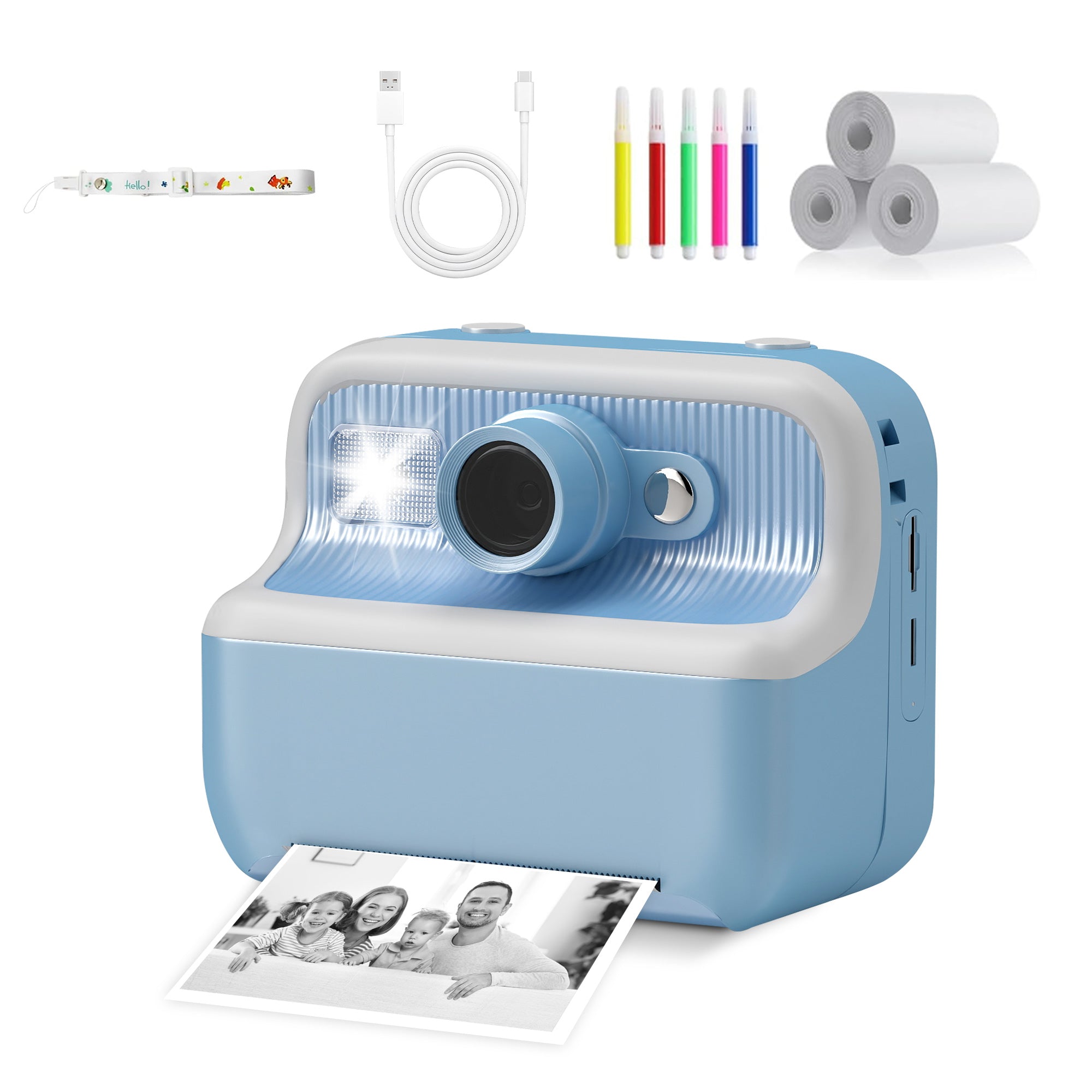 Instant Print Camera for Kids, Dual-Lens 48MP Digital Camera 2.4 Inch Screen with 3 Rolls Paper, Blue