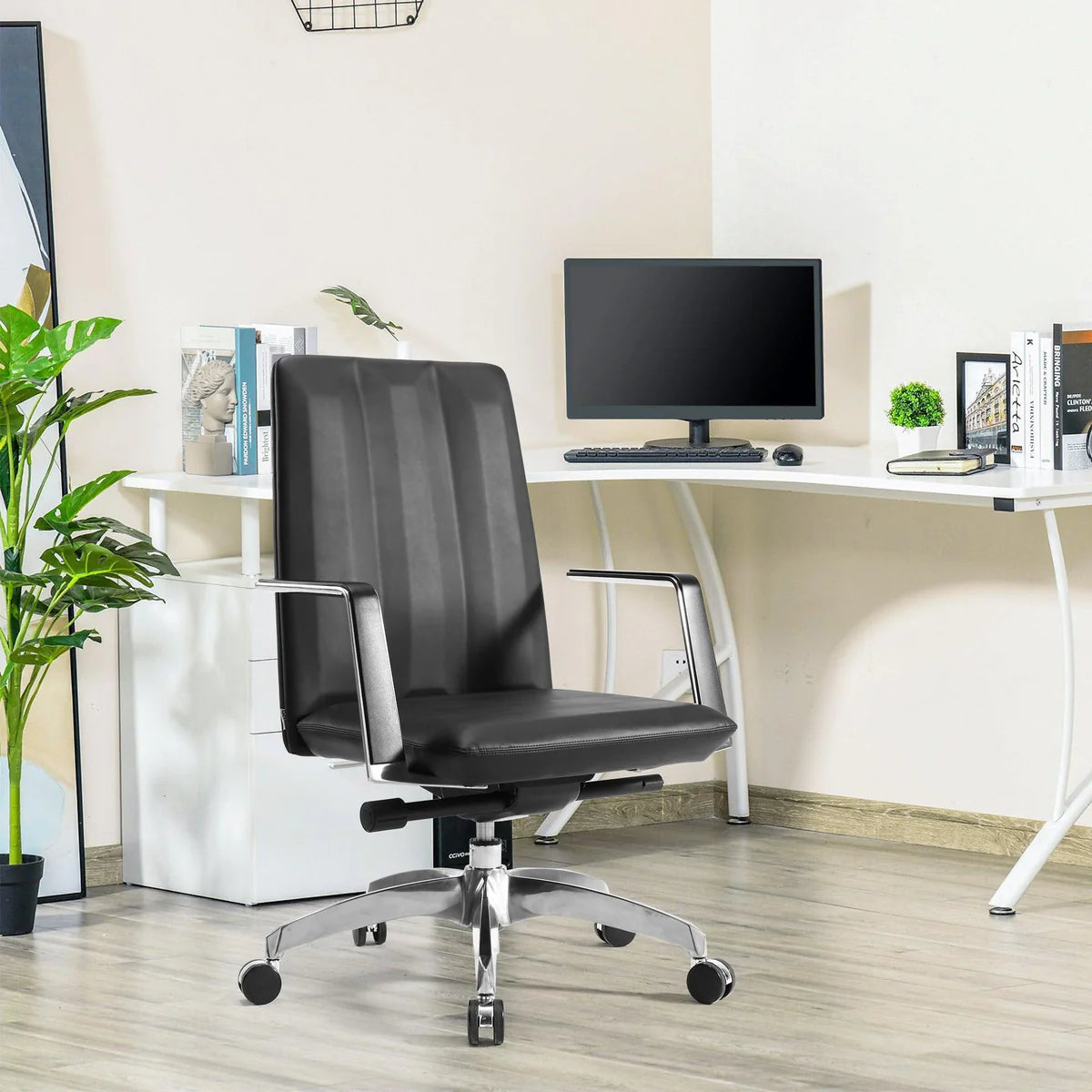 Low Back Chair, Ergonomic Leather Office Chair, Office Chair with Adjustable Height and Tilt Function, 360° Swivel, Large Tall Computer Chair, Black