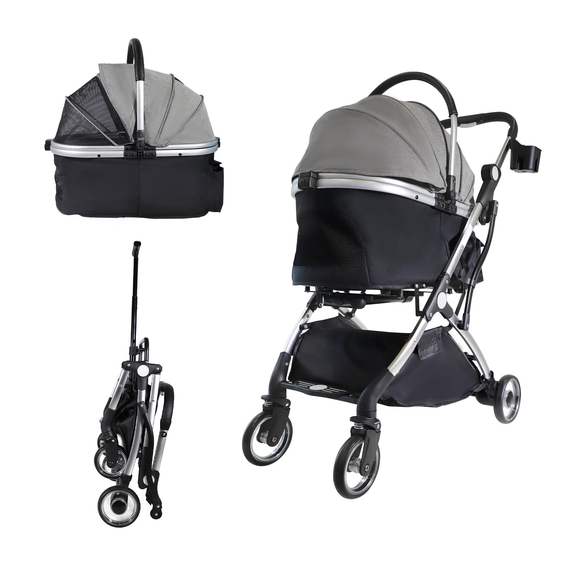 Foldable Pet Stroller 3 in 1 Design Detachable Carrier Telescopic Handle Aluminum Alloy Frame Up to 33 lbs Capacity, Gray