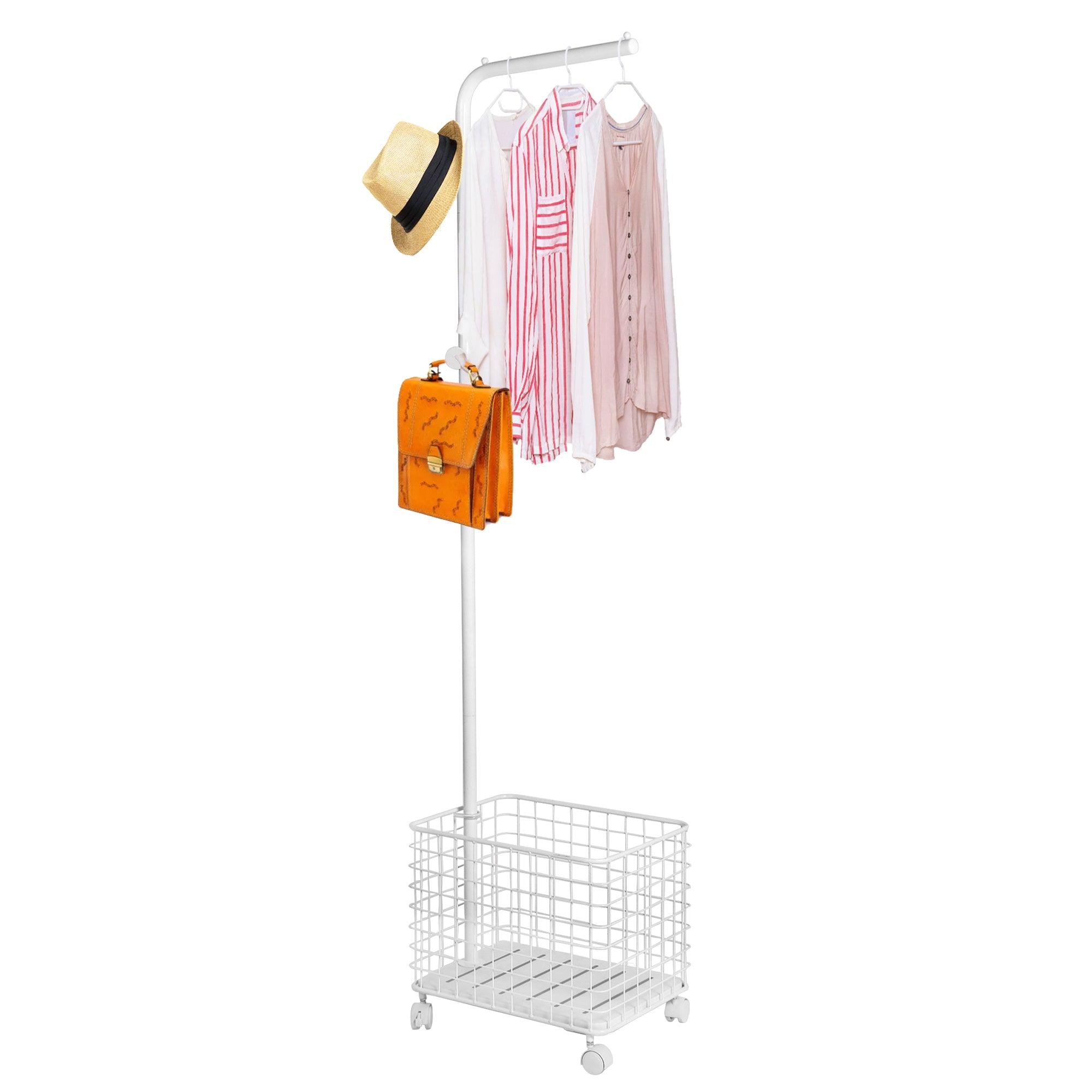 Laundry Cart Wire Basket with Rolling Clothes Garment Rack, White