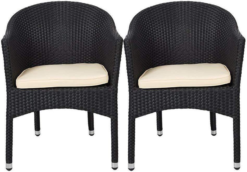 Patio Rattan Chair Set of 2 Stackable Coffee Dining Wicker Chair with Cushions & Arm, Black