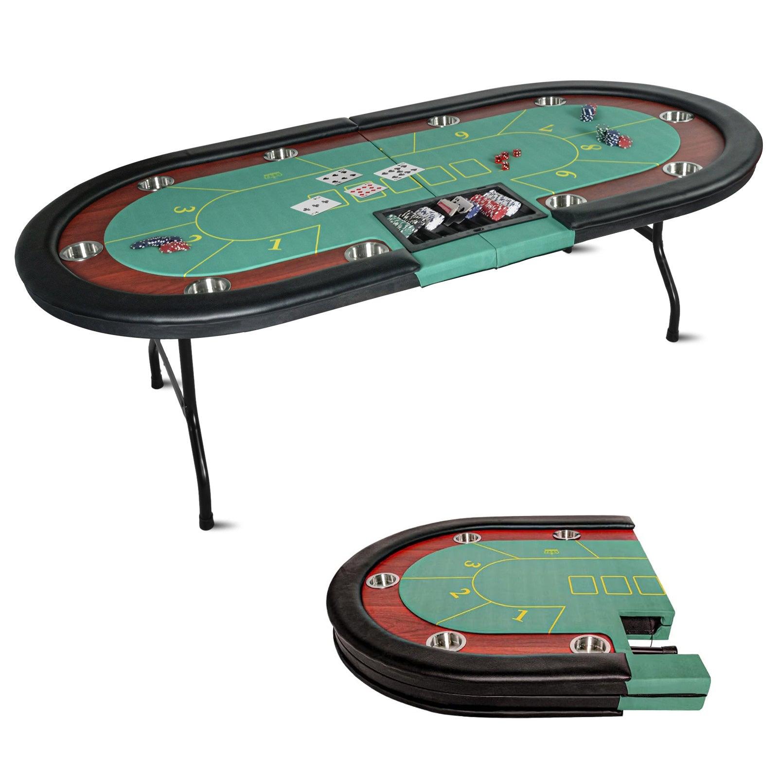 Upgraded 10 Player Oval Folding Poker Table Texas Holdem Poker Table with Stainless Steel Cup Holders, Green