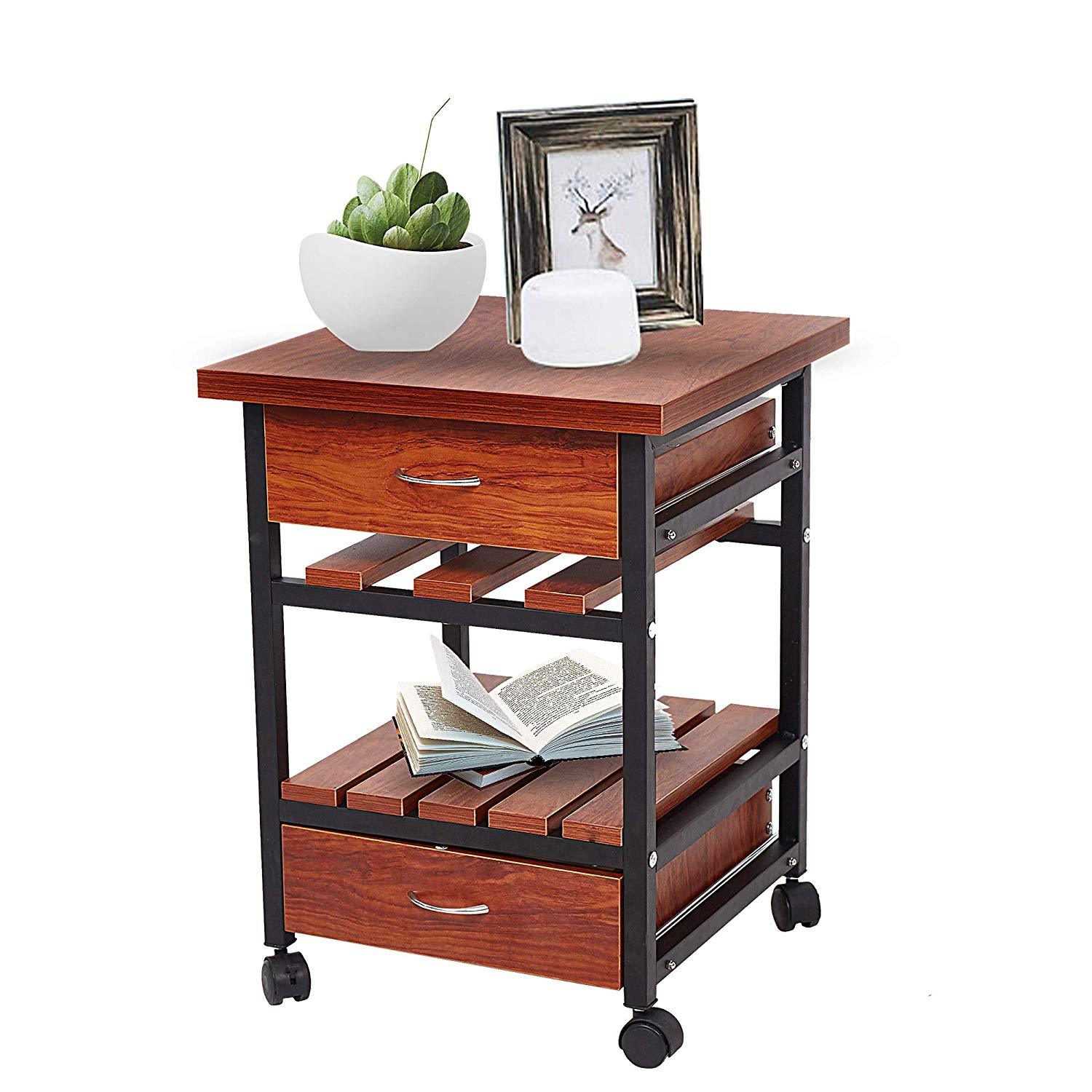 Rolling Wooden End Table Beside Cabinet, Nightstand Dresser Storage Organizer Unit with 2 Drawers for Bedroom Living Room