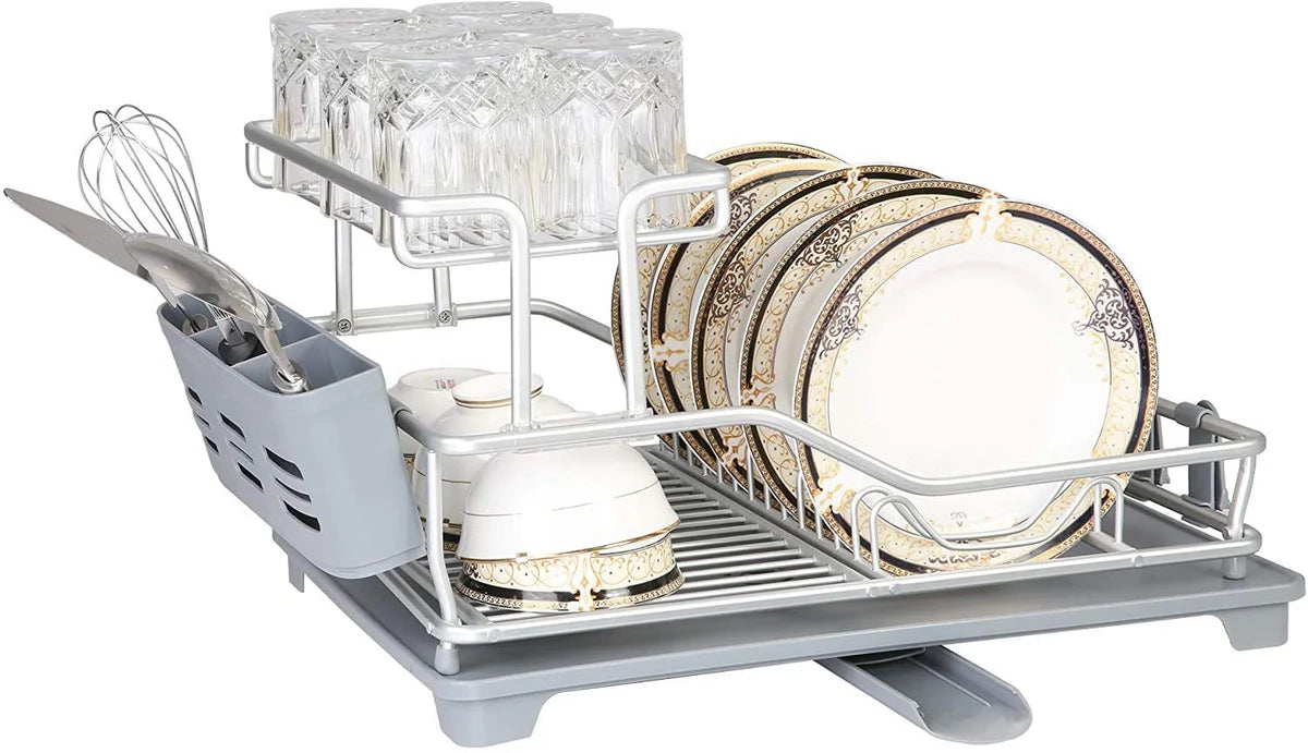 Dish Drying Rack with 360° Swivel Drain Board and Drain Spout, Grey (21" x 15" x 10.6")