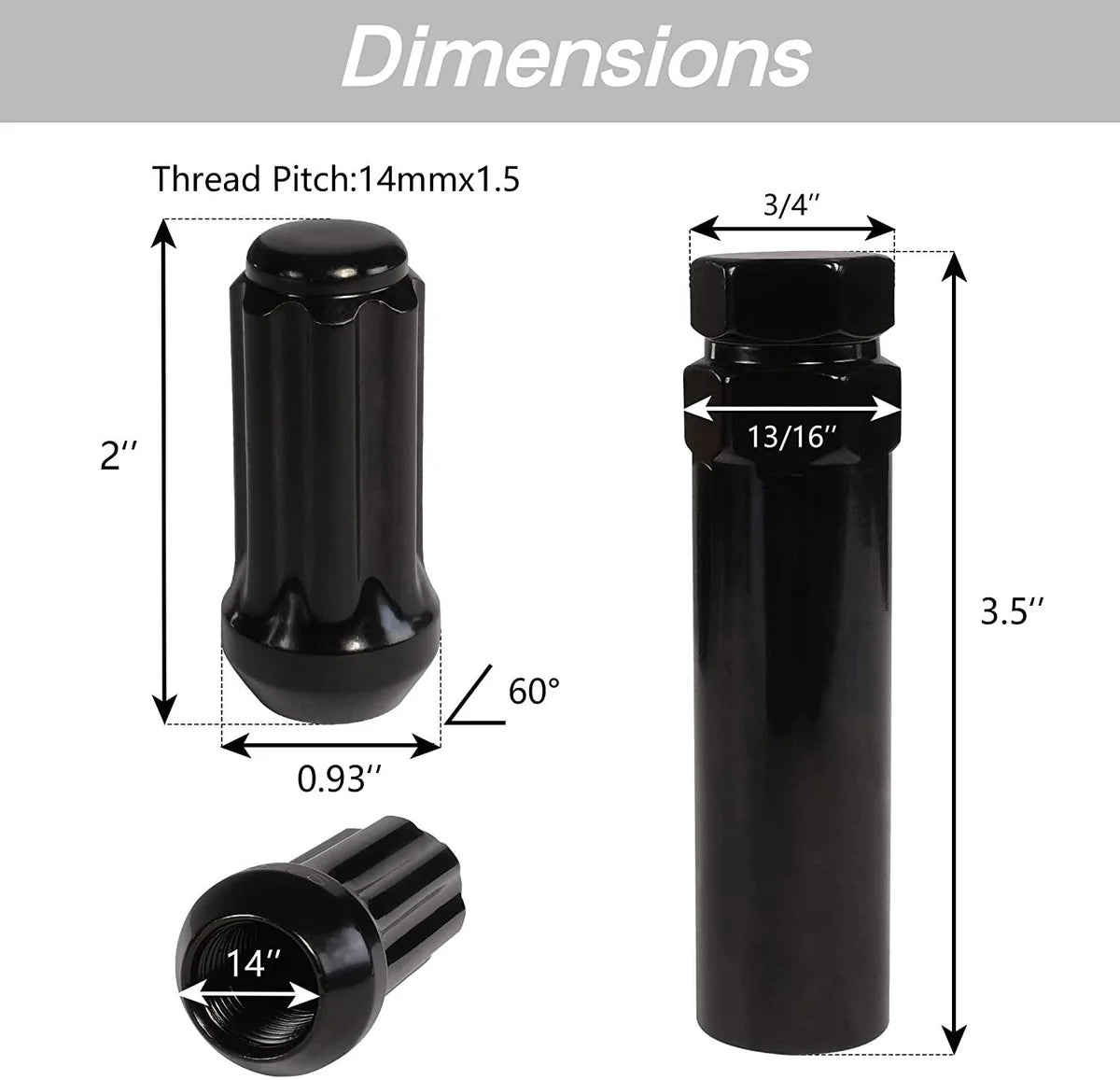 32 Black M14 x 1.5 Lug Nuts with 1 Socket Key, 2" Long/7 Spline with Cone Seat, Fits 8 Lug Aftermarket Wheels