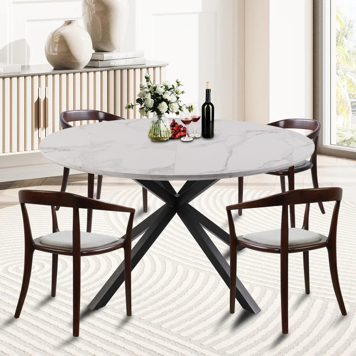 53" Mid-Century Modern Round Dining Table for 4-6 Person W/Solid Metal Legs, Marble Texture