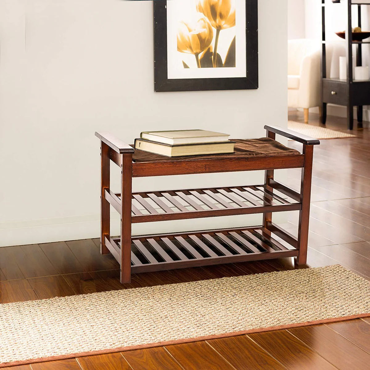 Bamboo Shoe Bench with Cushion Upholstered Padded Seat