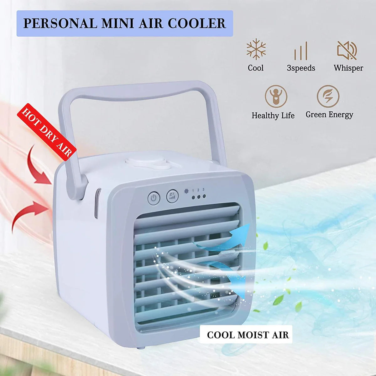 Portable USB Personal Mini Air Conditioner Fan, 3 Speeds, Quiet, Adjustable Vane, Ice Water Tank