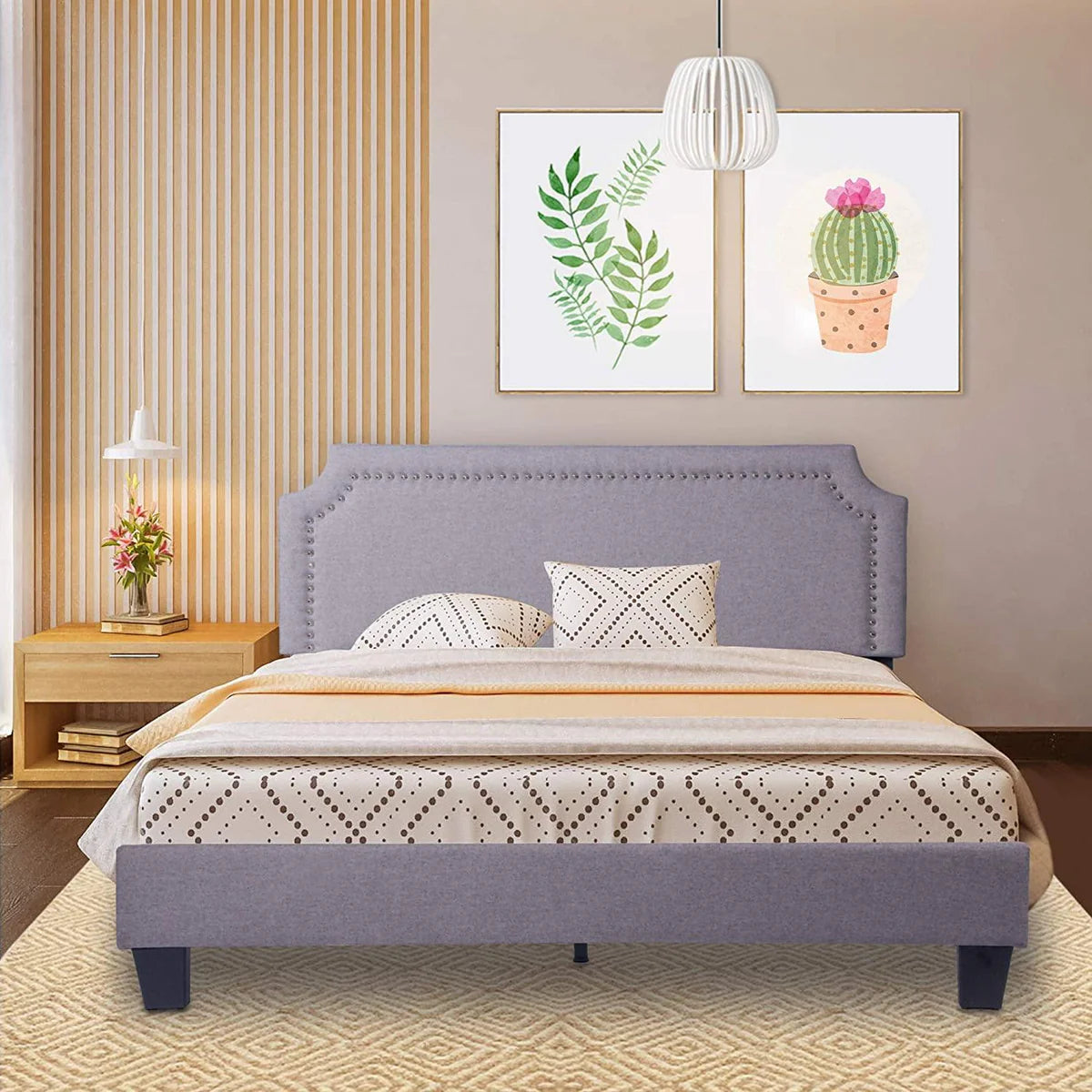 54" Upholstered Full Size Bed Frame with Headboard Wood Slat Support Metal Frame Heavy Duty Platform Bed Frame for Bedroom