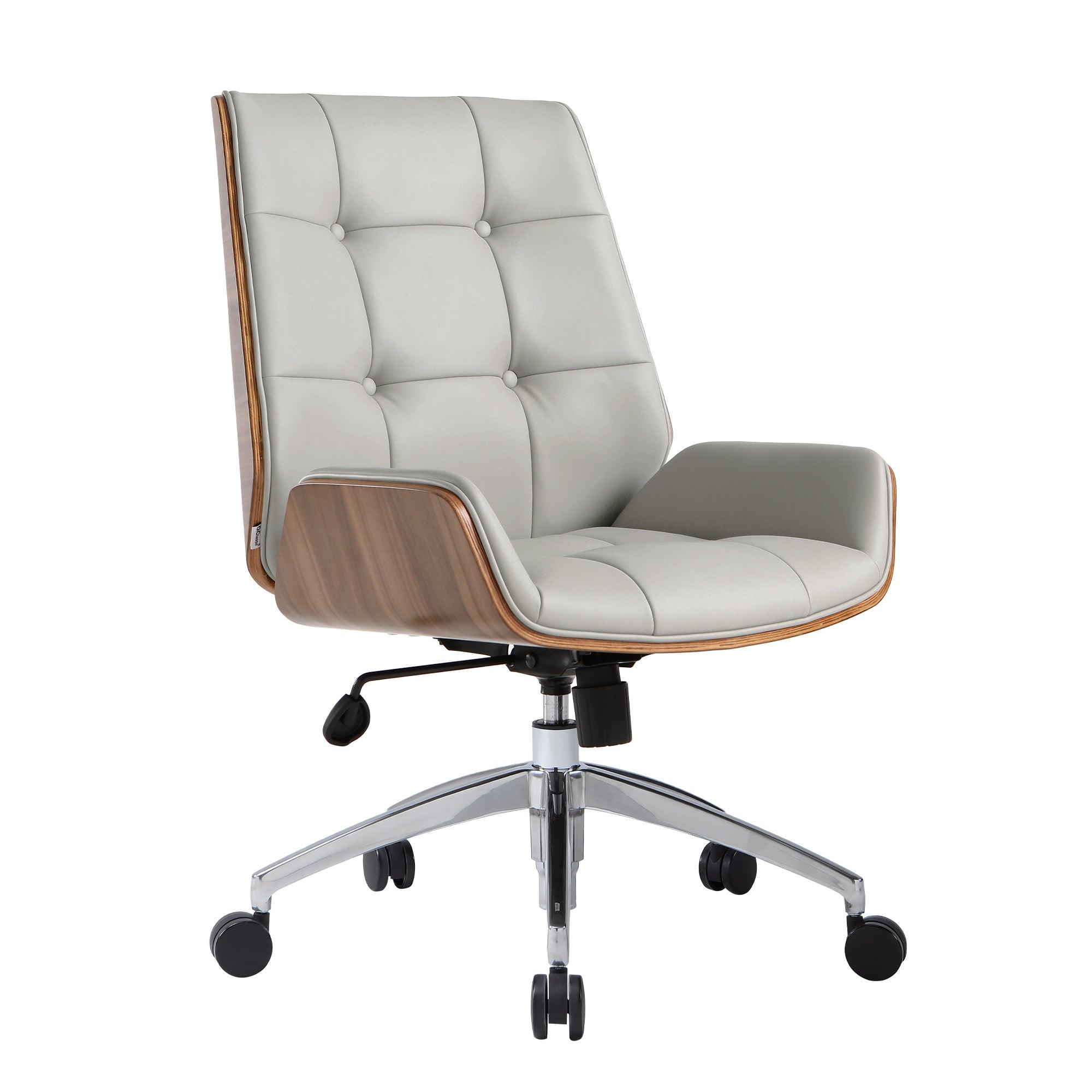 Executive Office Chair with Adjustable Height and Tilt, Solid Wood Arms and Base, 360° Swivel - Leather Office Chair, Grey