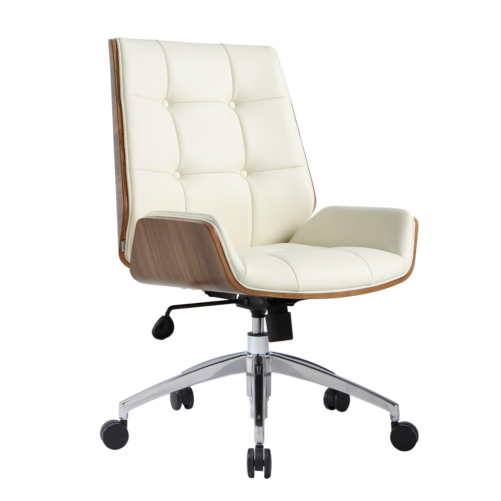 Executive Office Chair with Adjustable Height and Tilt, Solid Wood Arms and Base, 360° Swivel - Leather Office Chair, White