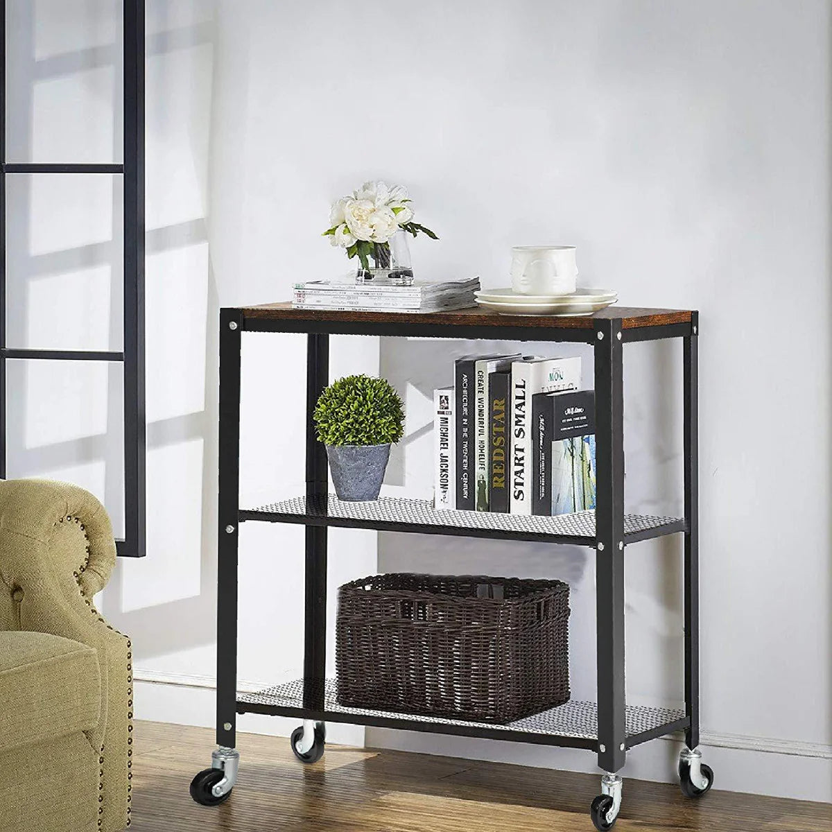 3-Tier Modern Style Storage Rack with Wheels - Steel Movable Storage Shelf and Display Rack in Black/Brown