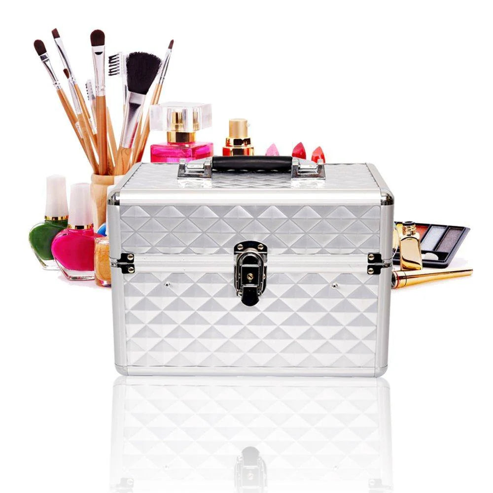 Professional Makeup Train Case with 6 Sliding Trays Portable Cosmetic Box Storage Organizer Aluminum Design