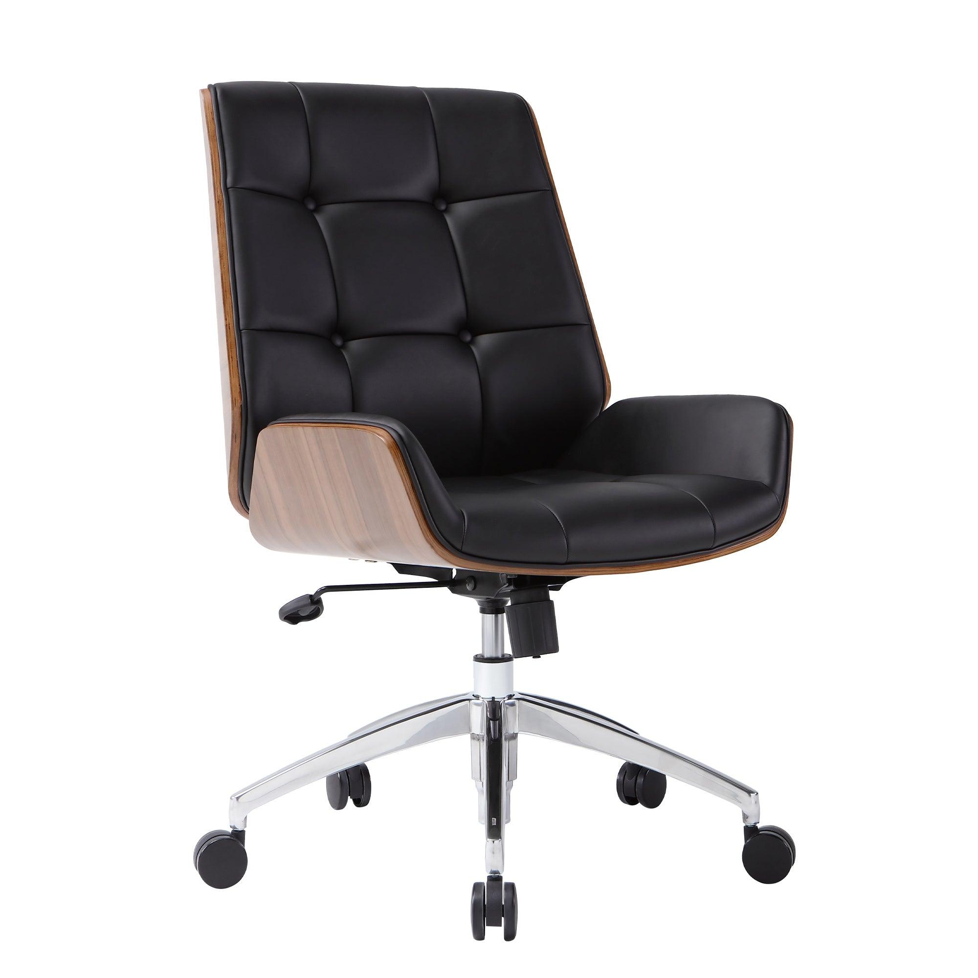 Executive Office Chair with Adjustable Height and Tilt, Solid Wood Arms and Base, 360° Swivel - Leather Office Chair, Black