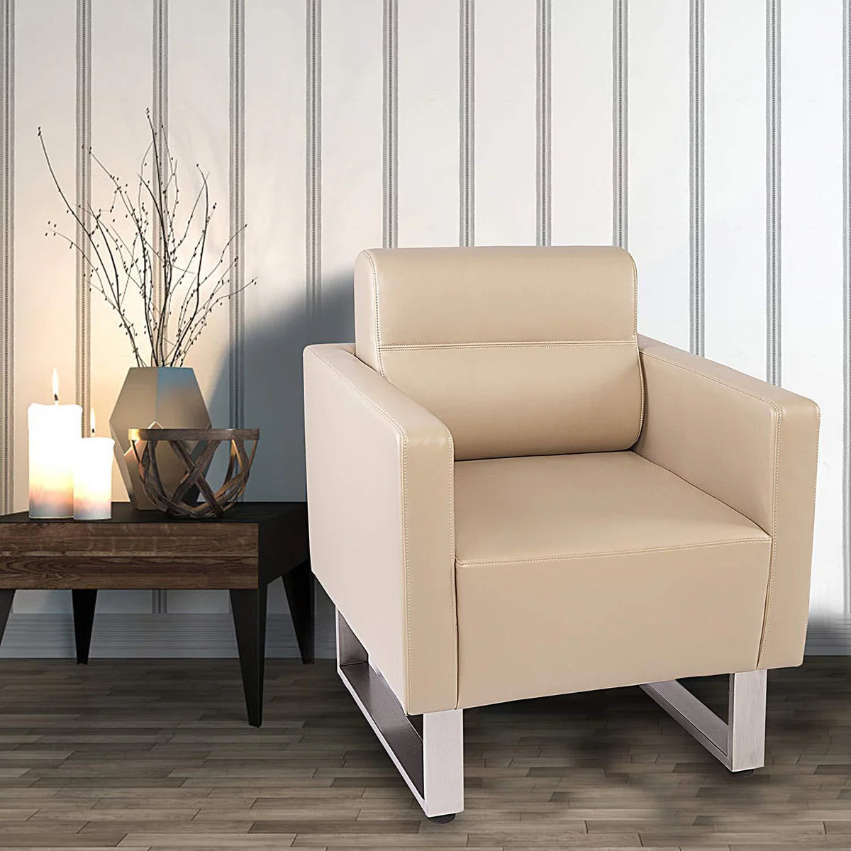 Barrel Chair Lobby Chair Leather Occasional Sofa Chairs Reception Guest Single Sofa for Office Meeting Room Living Room, Beige