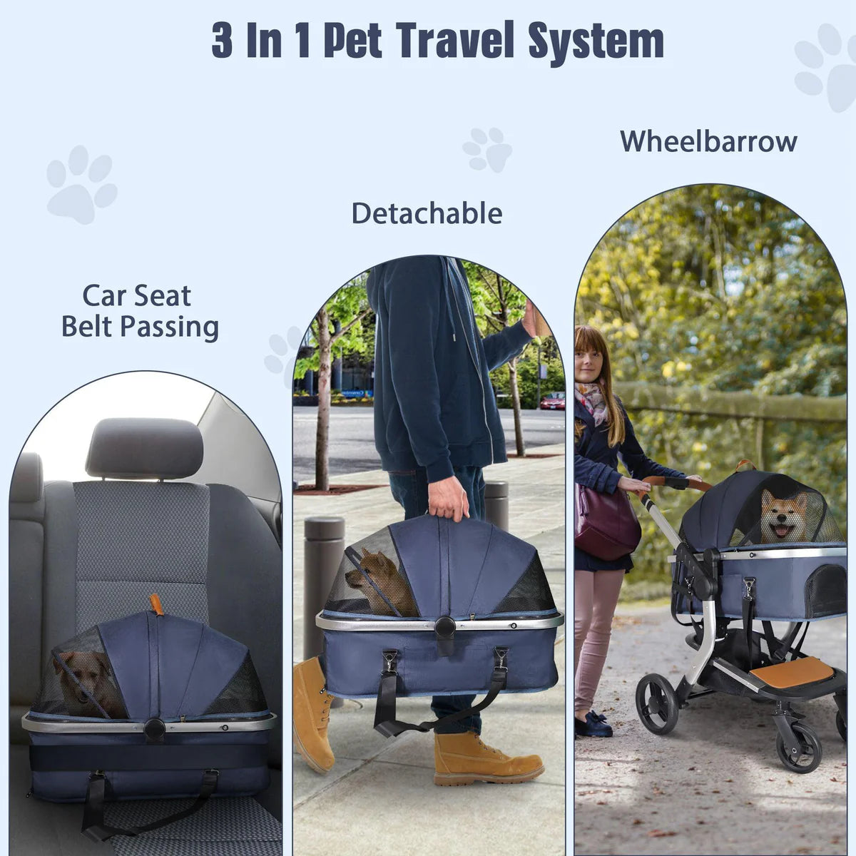 3 in 1 Foldable Aluminum Alloy Frame Pet Stroller with Detachable Carrier & Cup Holder, Up to 33 lbs