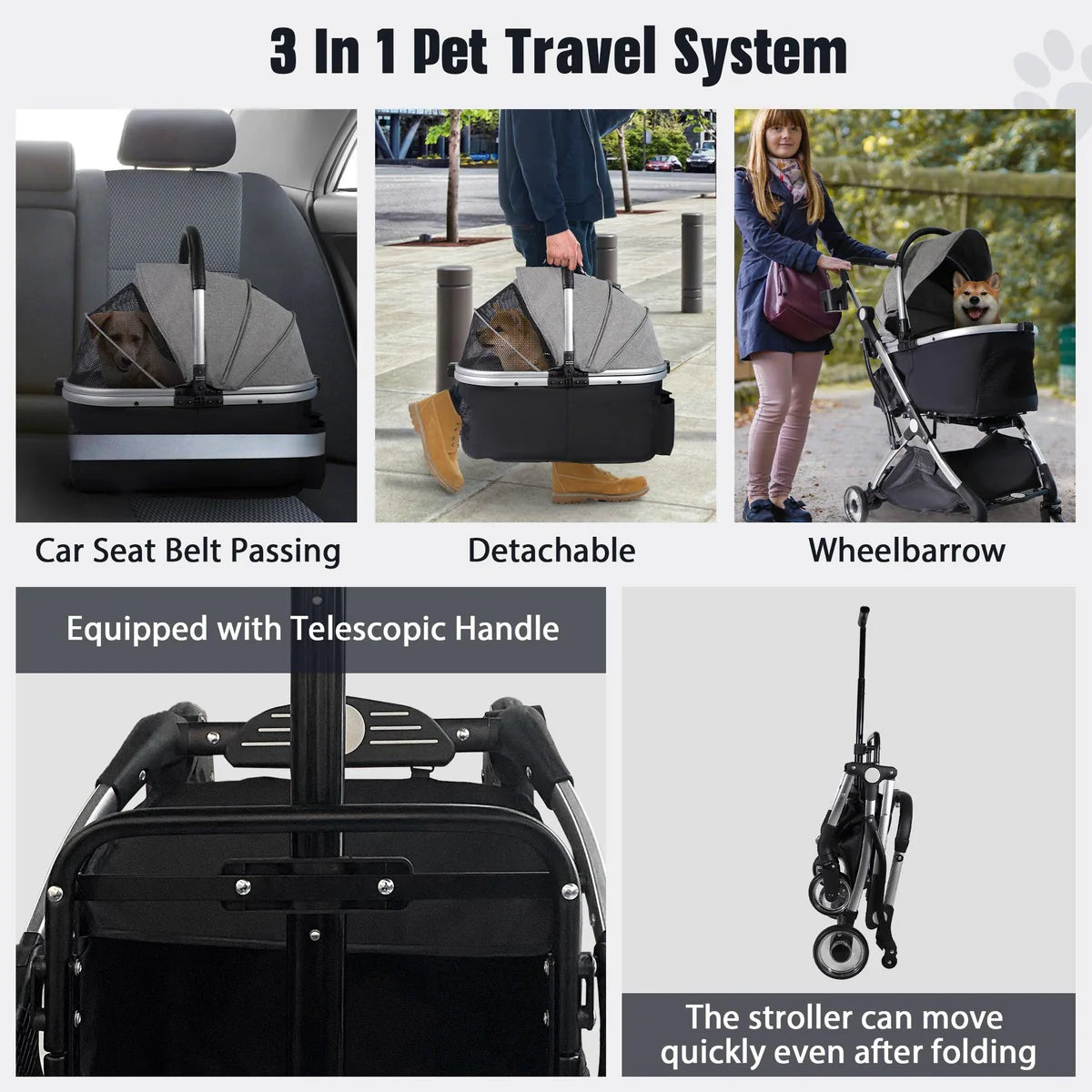 Foldable Pet Stroller 3 in 1 Design Detachable Carrier Telescopic Handle Aluminum Alloy Frame Up to 33 lbs Capacity, Gray